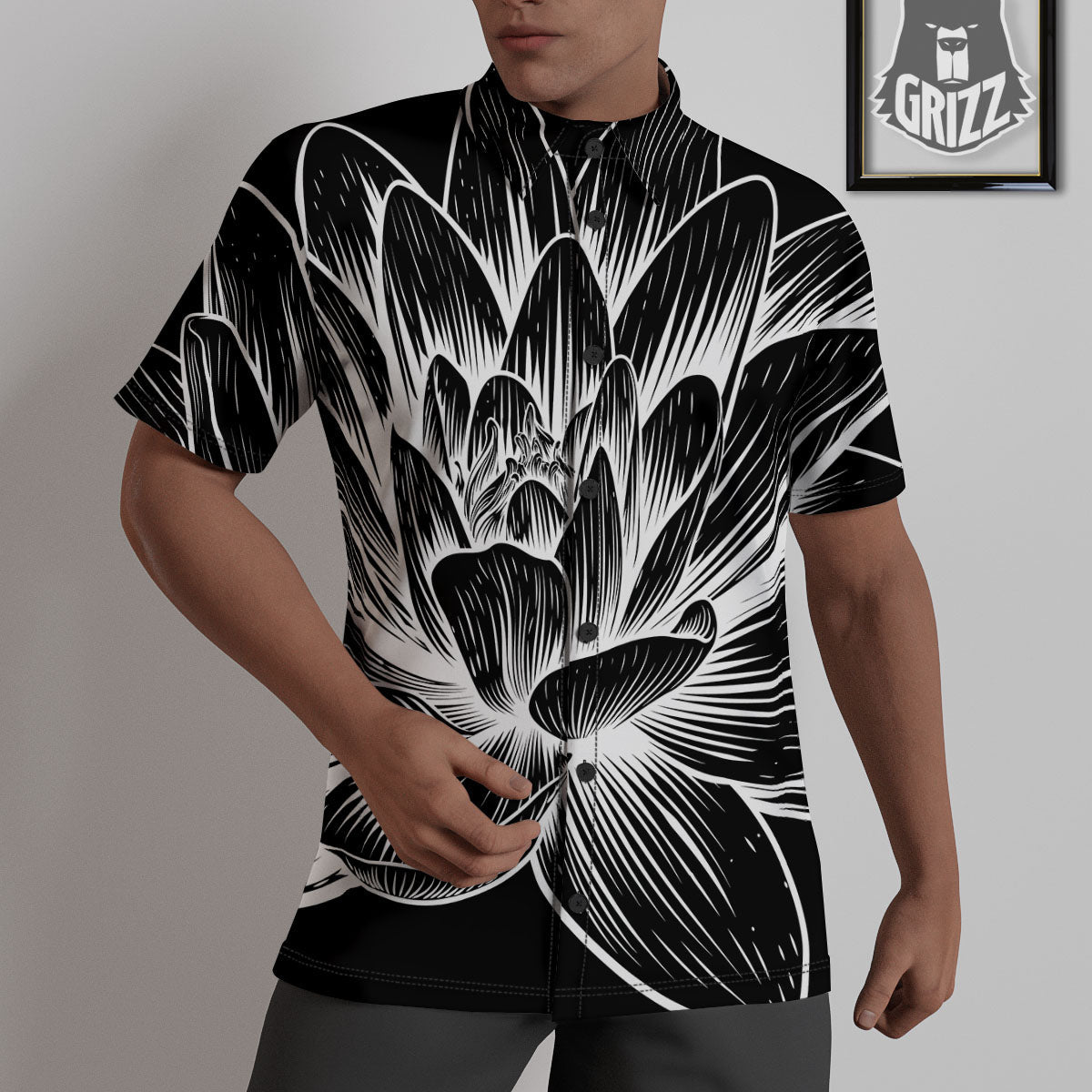 Lotus Flower White And Black Print Untucked Shirts-grizzshop