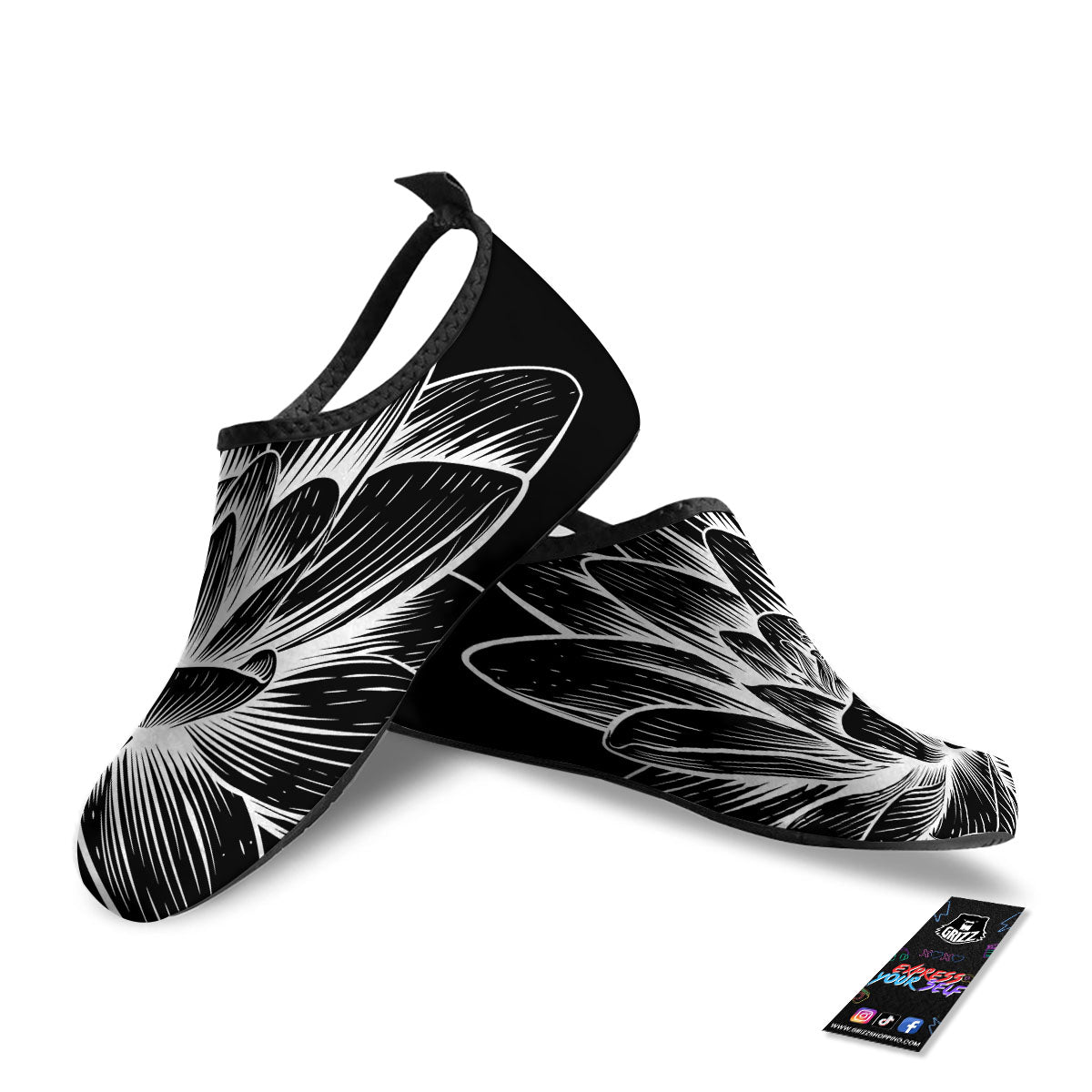 Lotus Flower White And Black Print Water Shoes-grizzshop