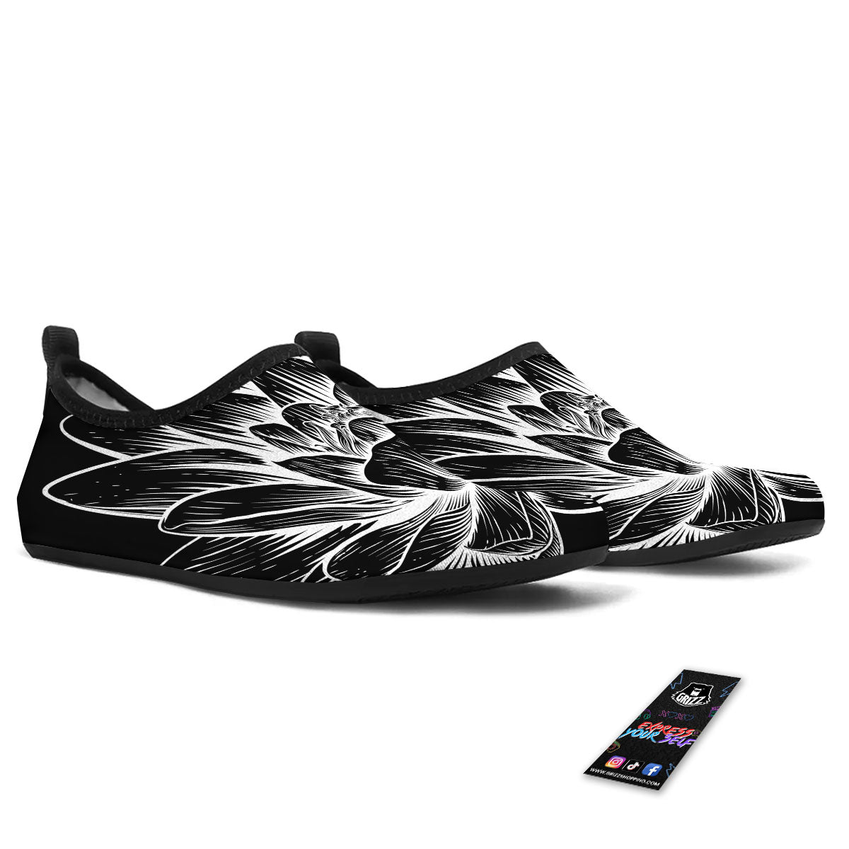 Lotus Flower White And Black Print Water Shoes-grizzshop