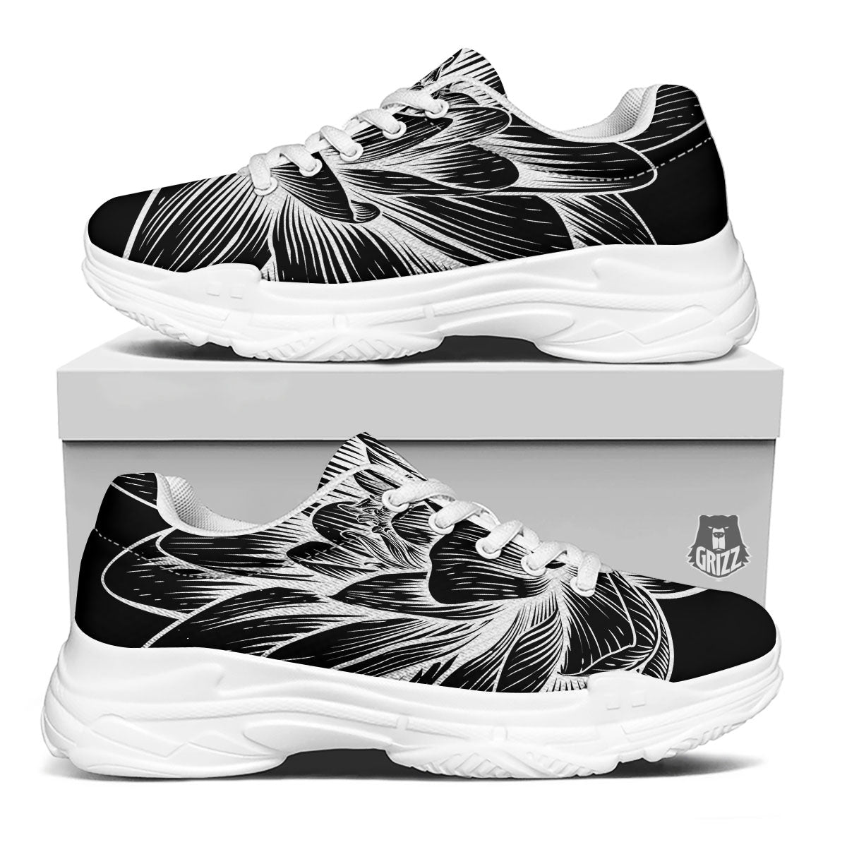 Lotus Flower White And Black Print White Chunky Shoes-grizzshop