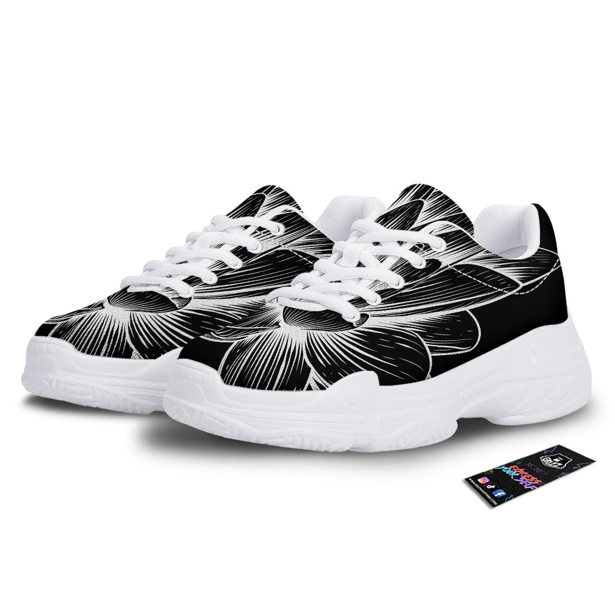 Lotus Flower White And Black Print White Chunky Shoes-grizzshop