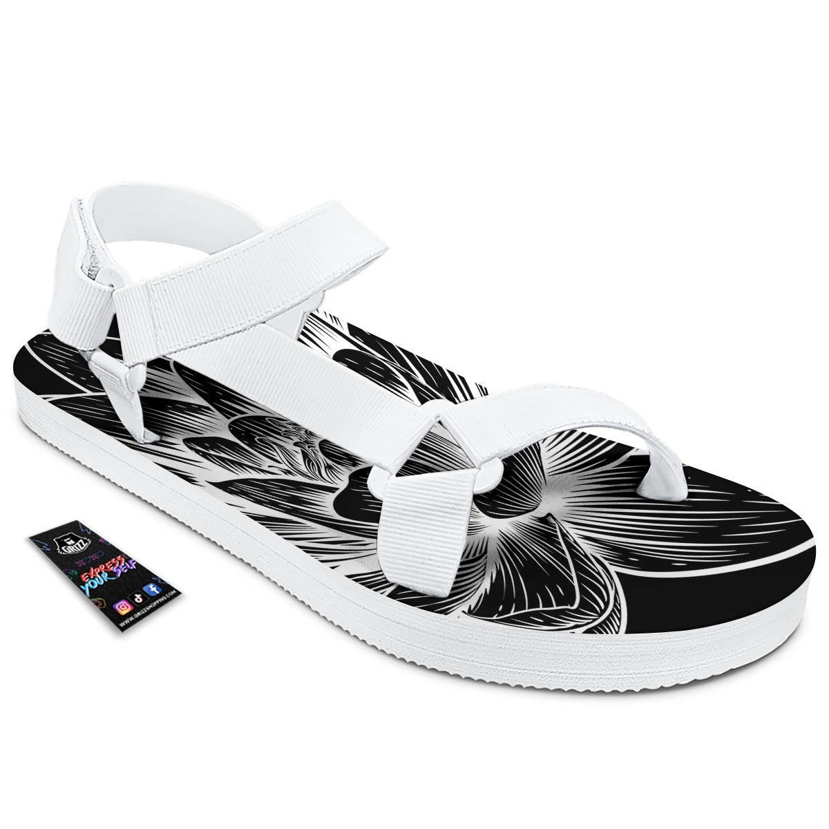 Lotus Flower White And Black Print White Open Toe Sandals-grizzshop