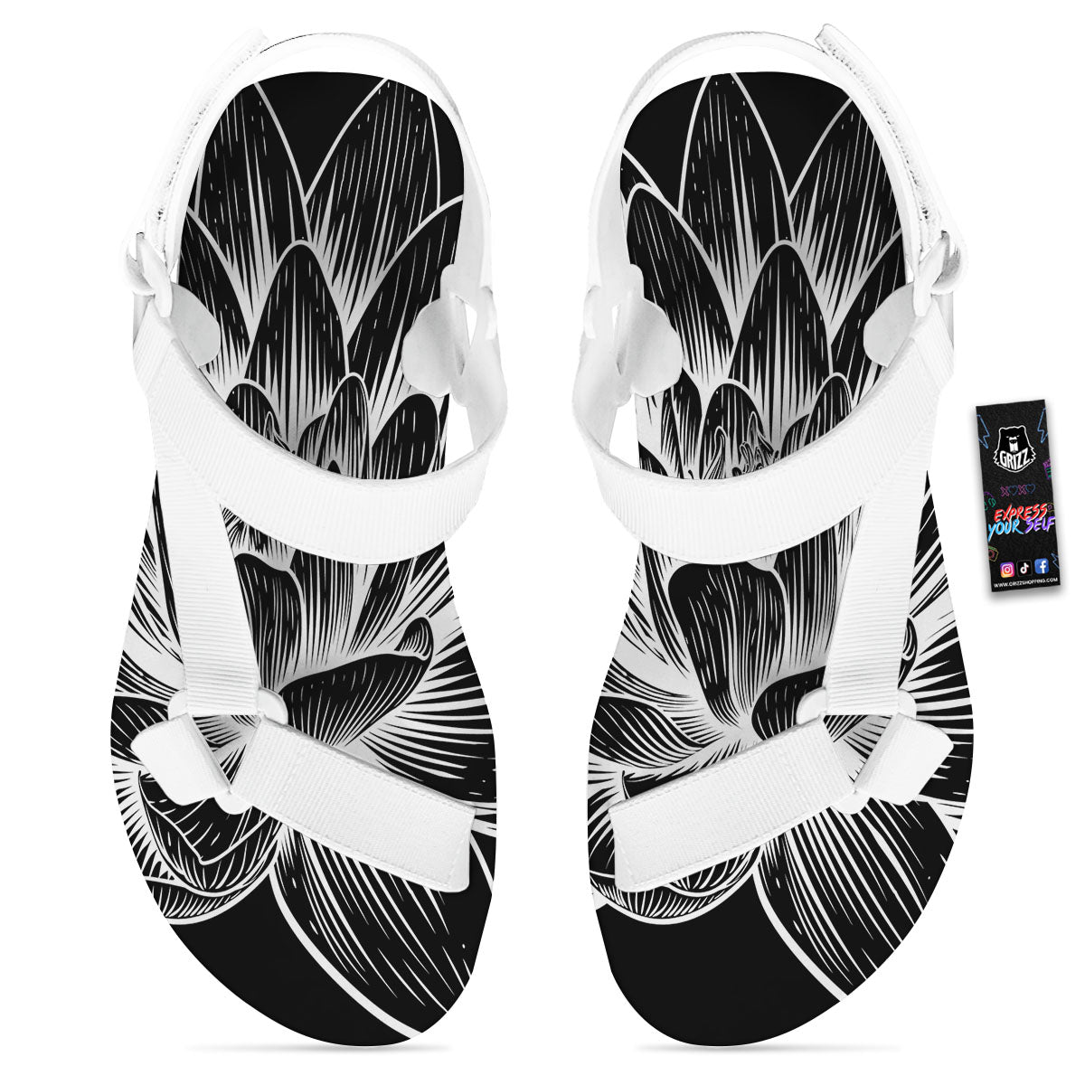 Lotus Flower White And Black Print White Open Toe Sandals-grizzshop