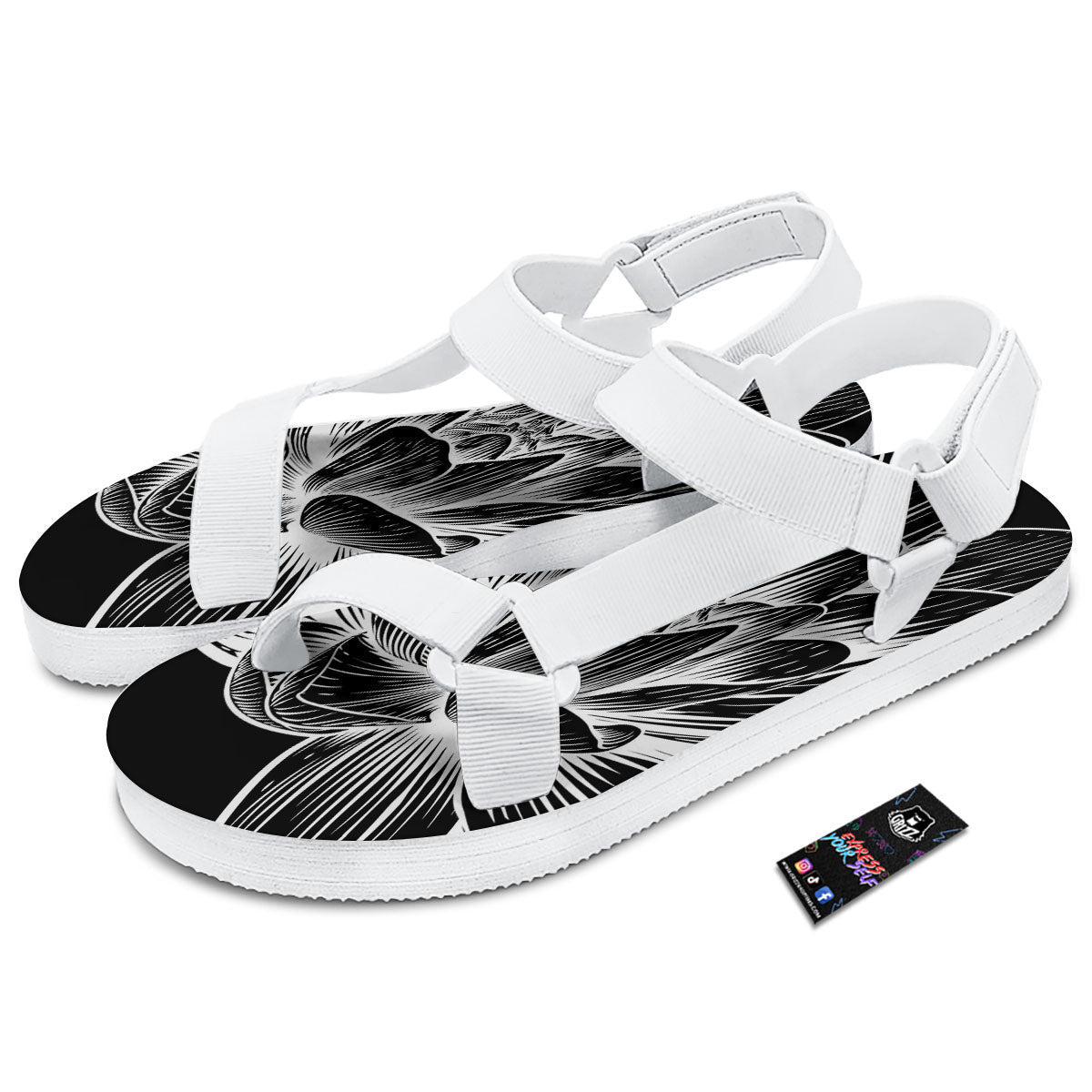 Lotus Flower White And Black Print White Open Toe Sandals-grizzshop