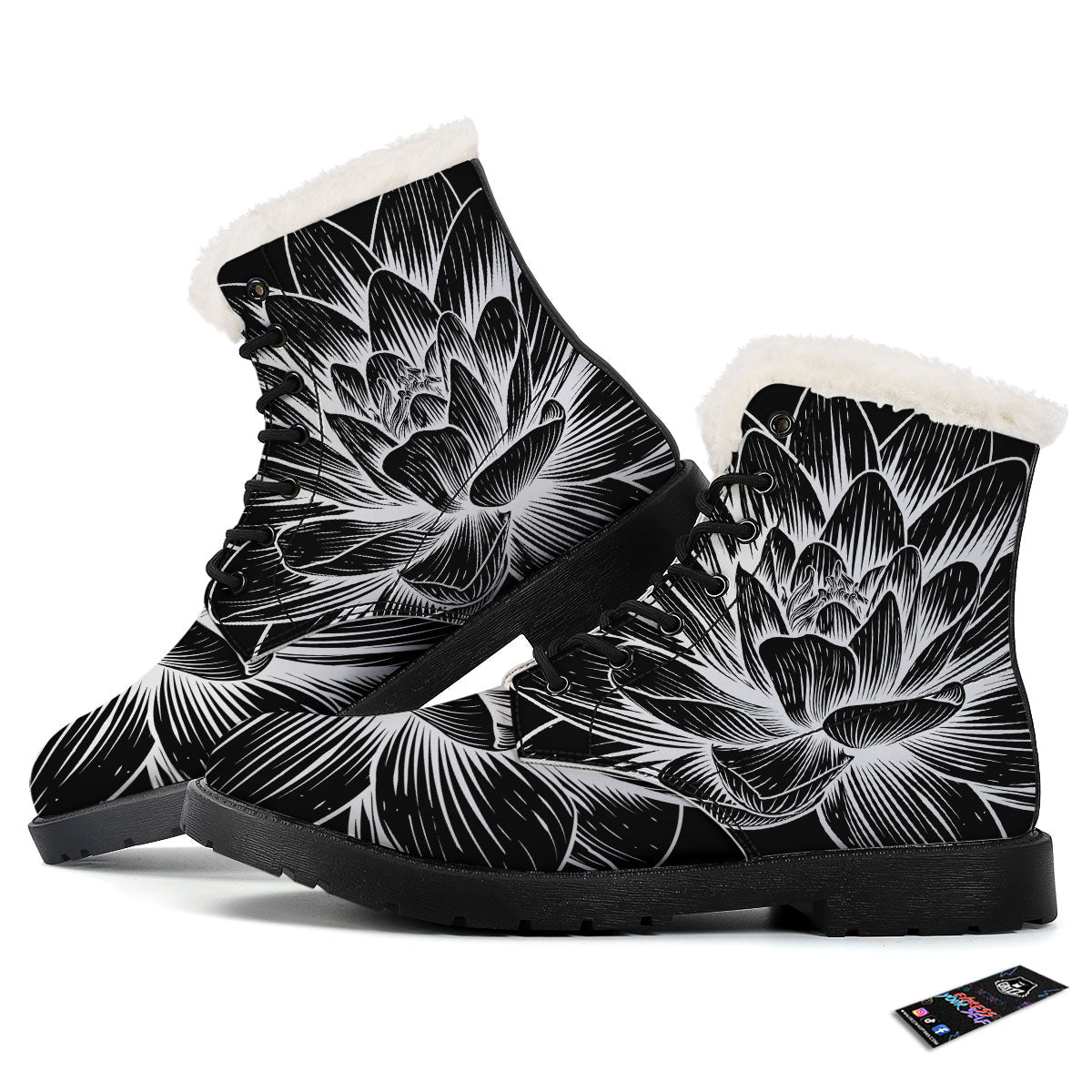 Lotus Flower White And Black Print Winter Boots-grizzshop