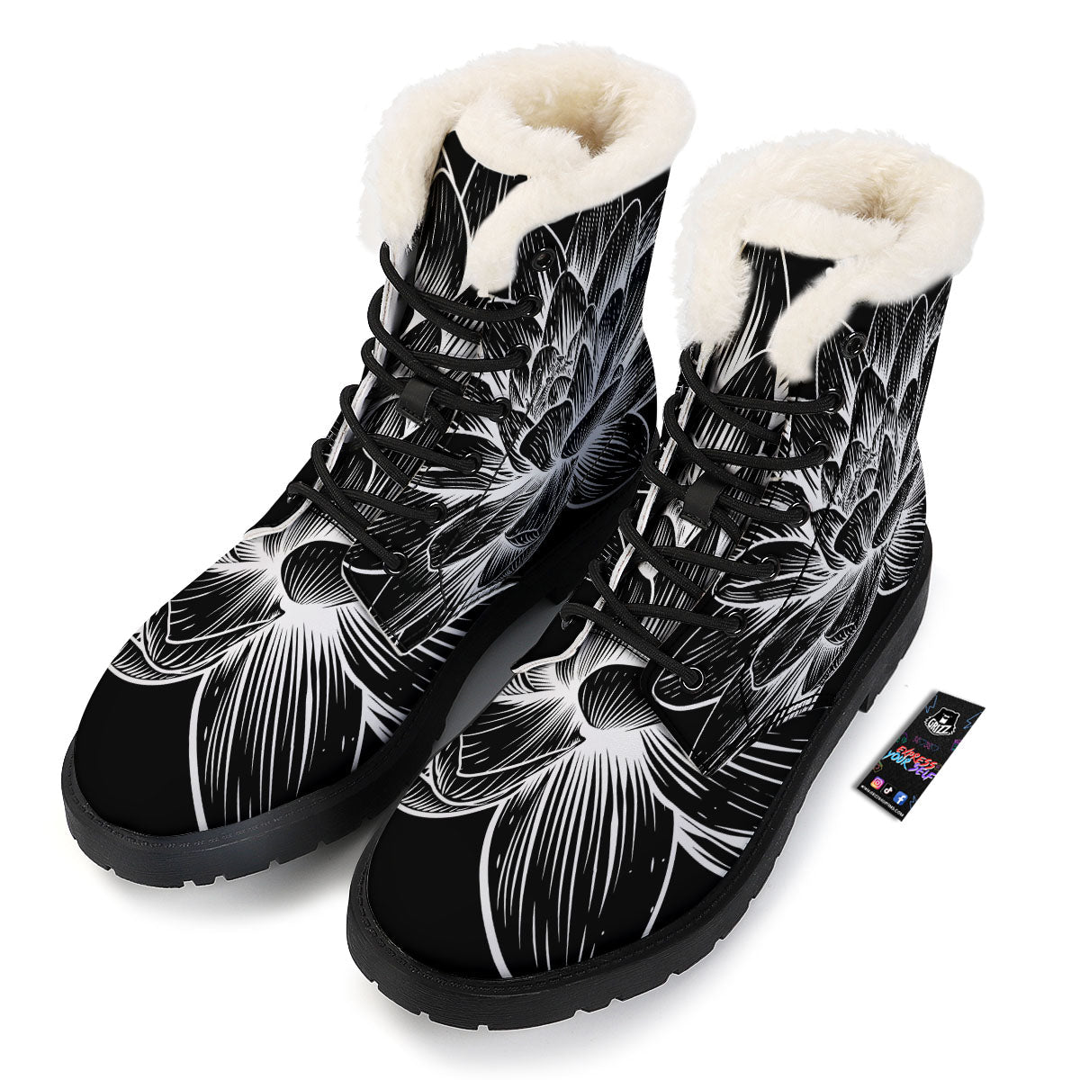 Lotus Flower White And Black Print Winter Boots-grizzshop