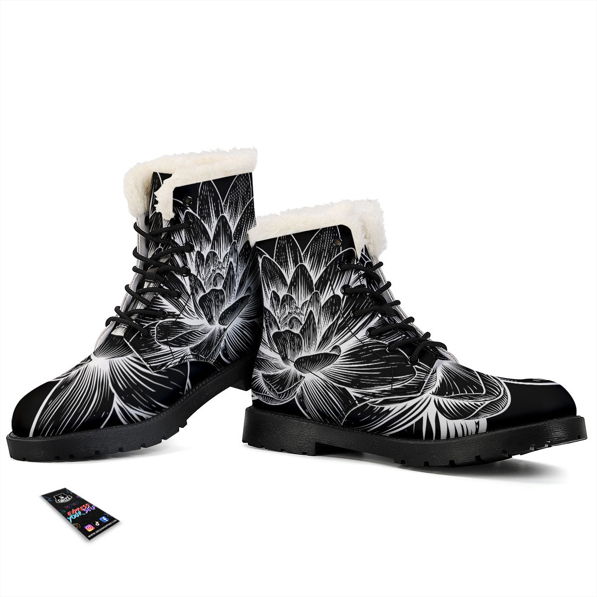 Lotus Flower White And Black Print Winter Boots-grizzshop
