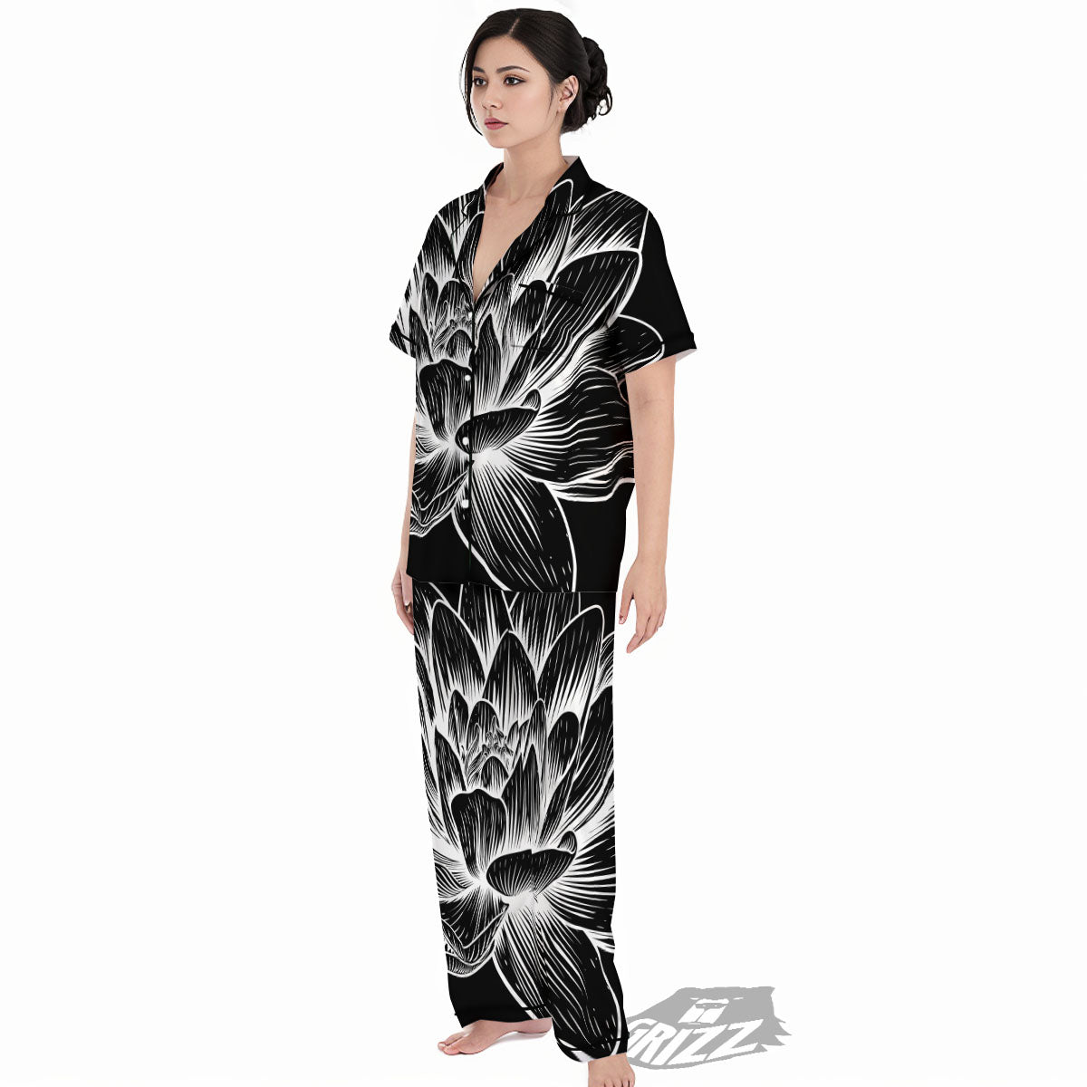 Lotus Flower White And Black Print Women's Pajamas Set-grizzshop