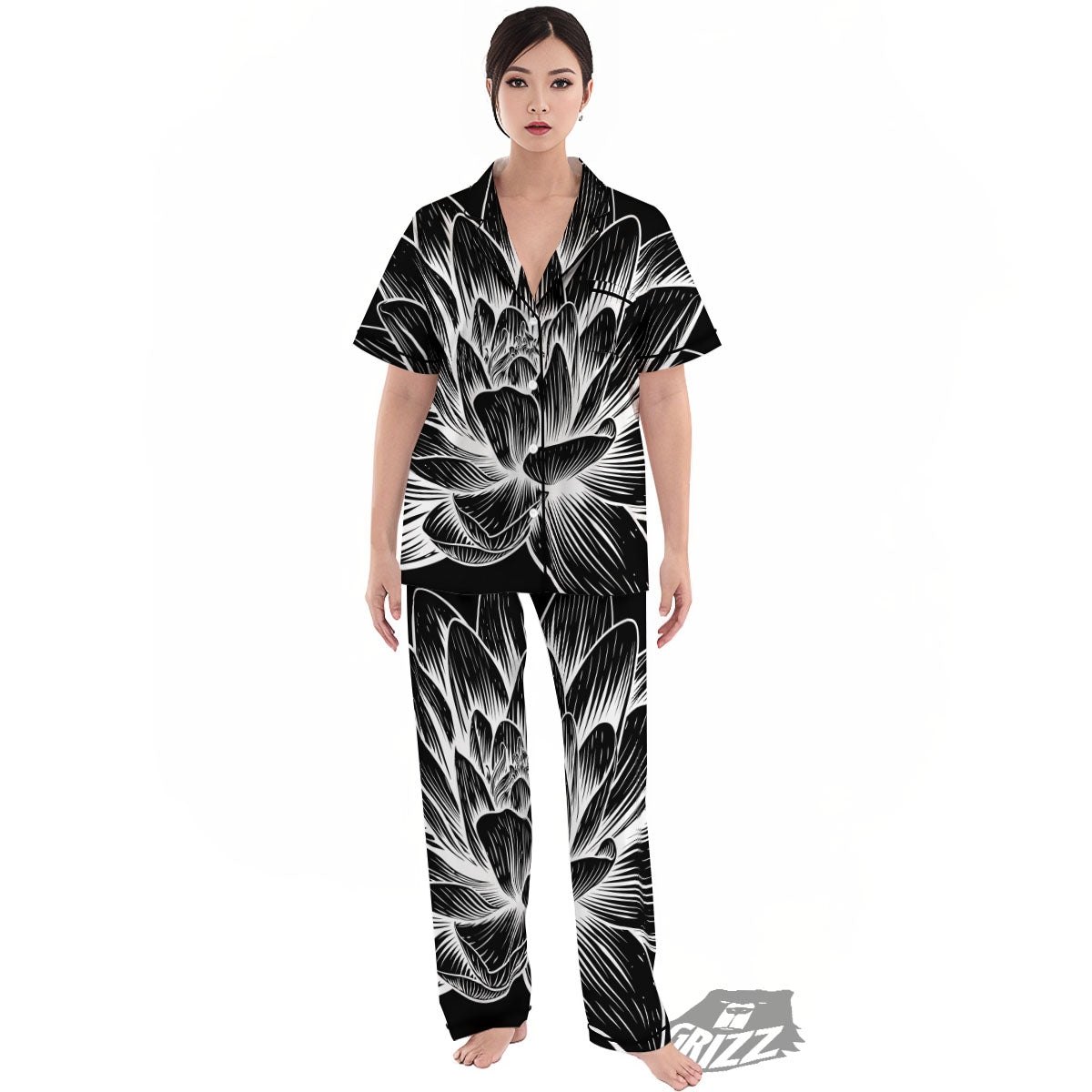 Lotus Flower White And Black Print Women's Pajamas Set-grizzshop