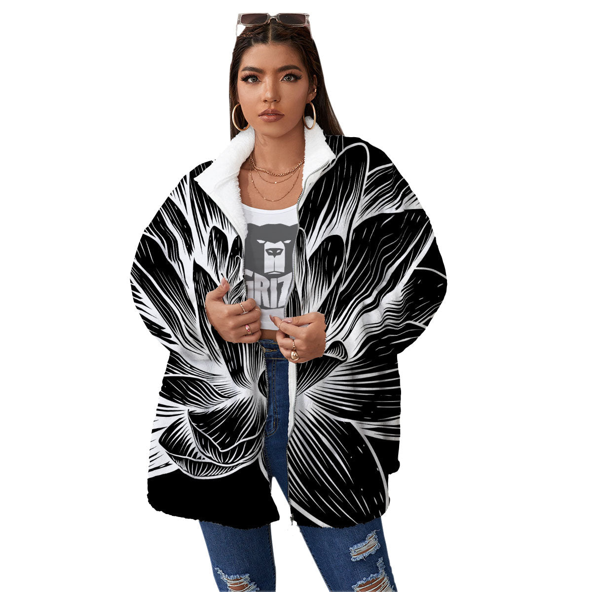 Lotus Flower White And Black Print Women's Sherpa Jacket-grizzshop