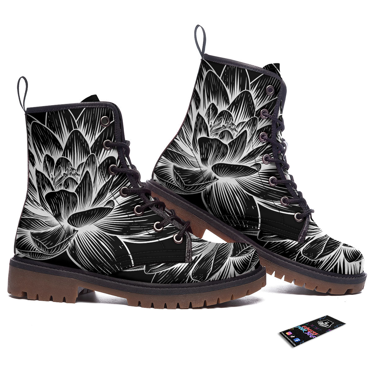Lotus Flower White And Black Print Work Boots-grizzshop