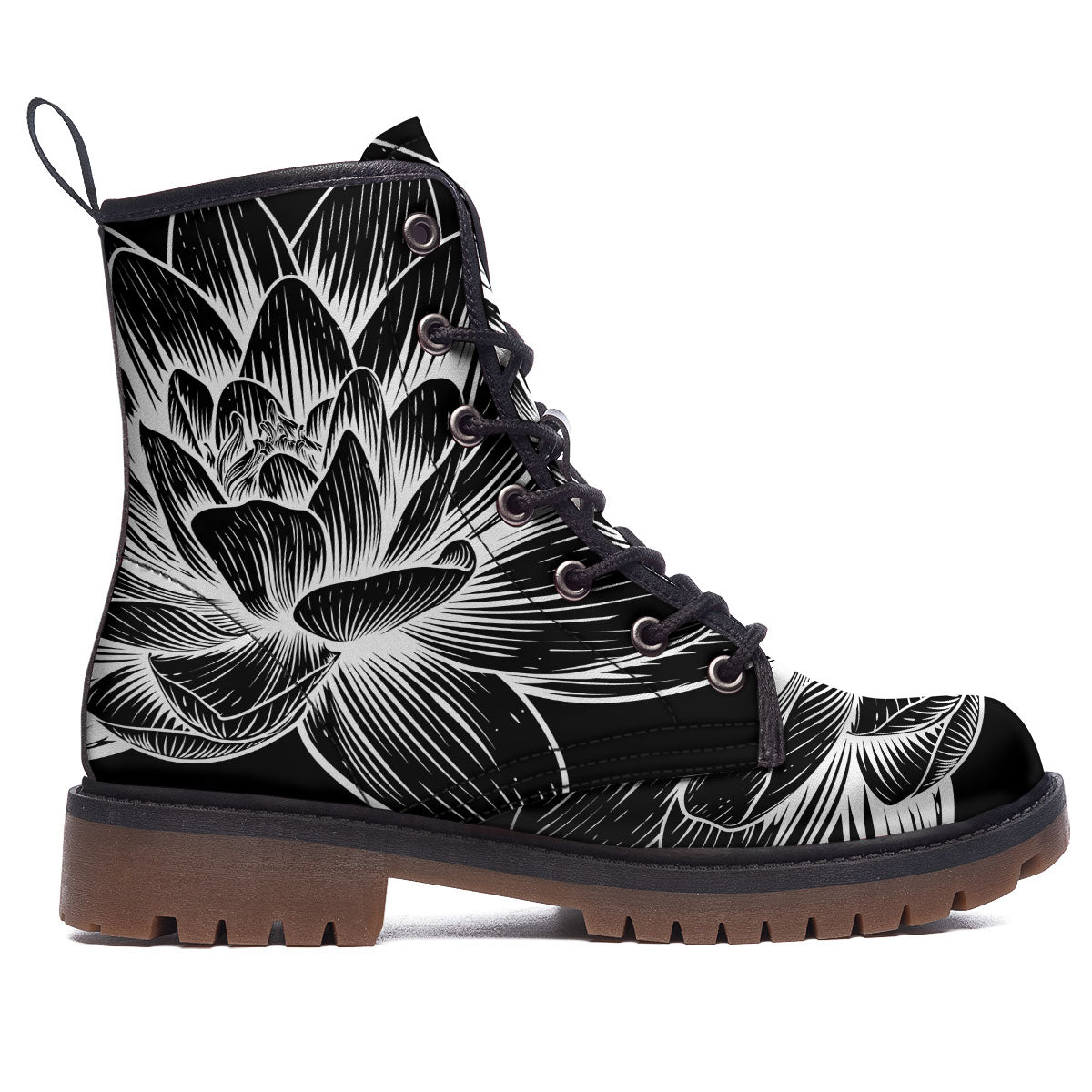Lotus Flower White And Black Print Work Boots-grizzshop
