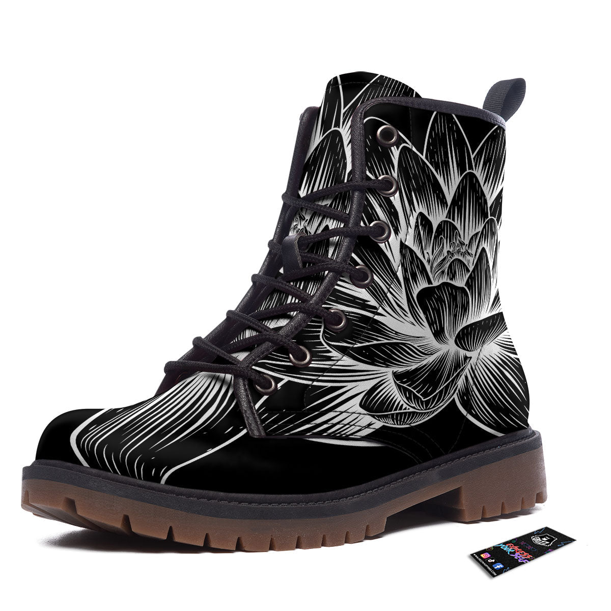 Lotus Flower White And Black Print Work Boots-grizzshop