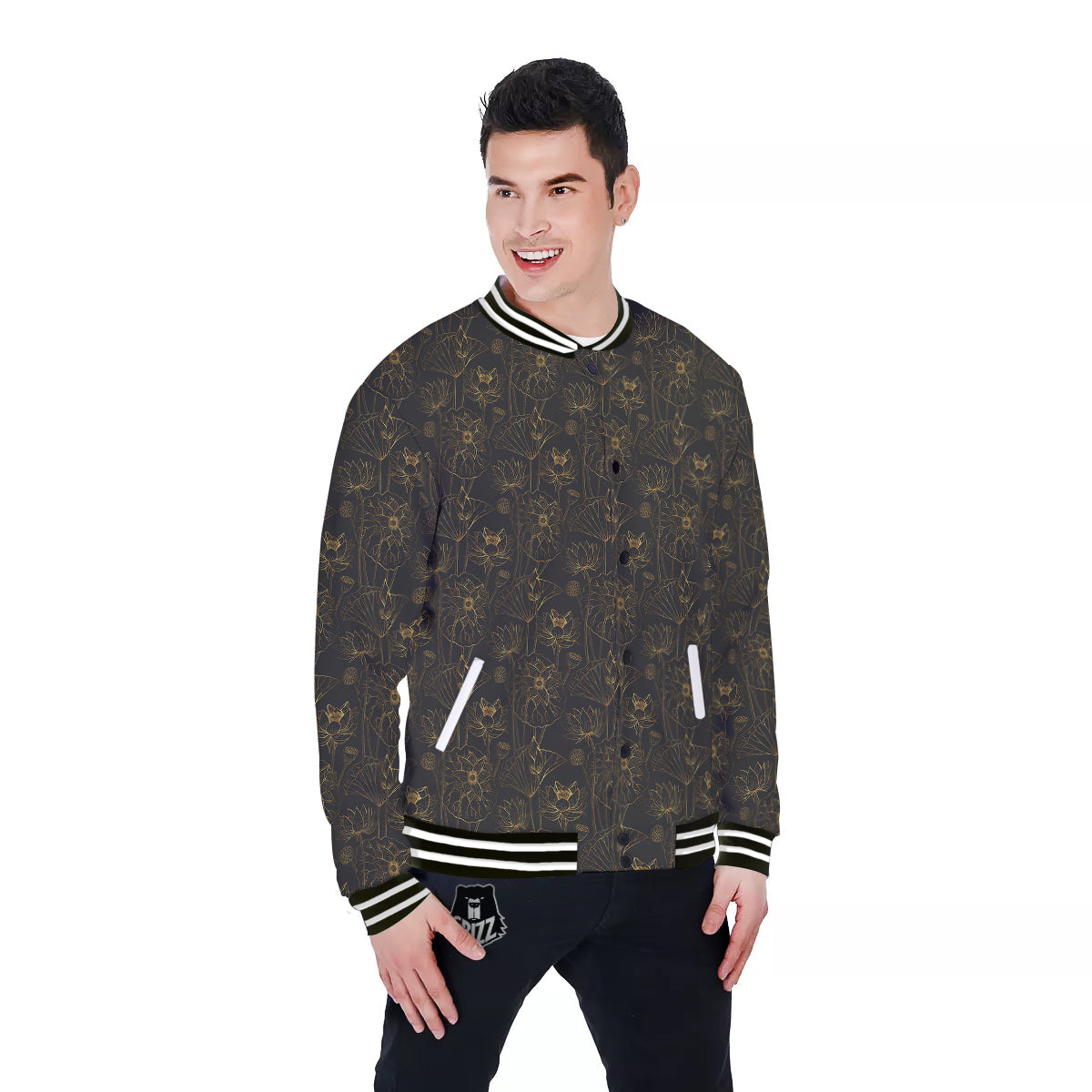 Lotus Gold And Black Print Pattern Baseball Jacket-grizzshop