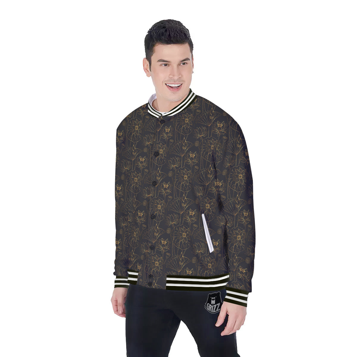 Lotus Gold And Black Print Pattern Baseball Jacket-grizzshop