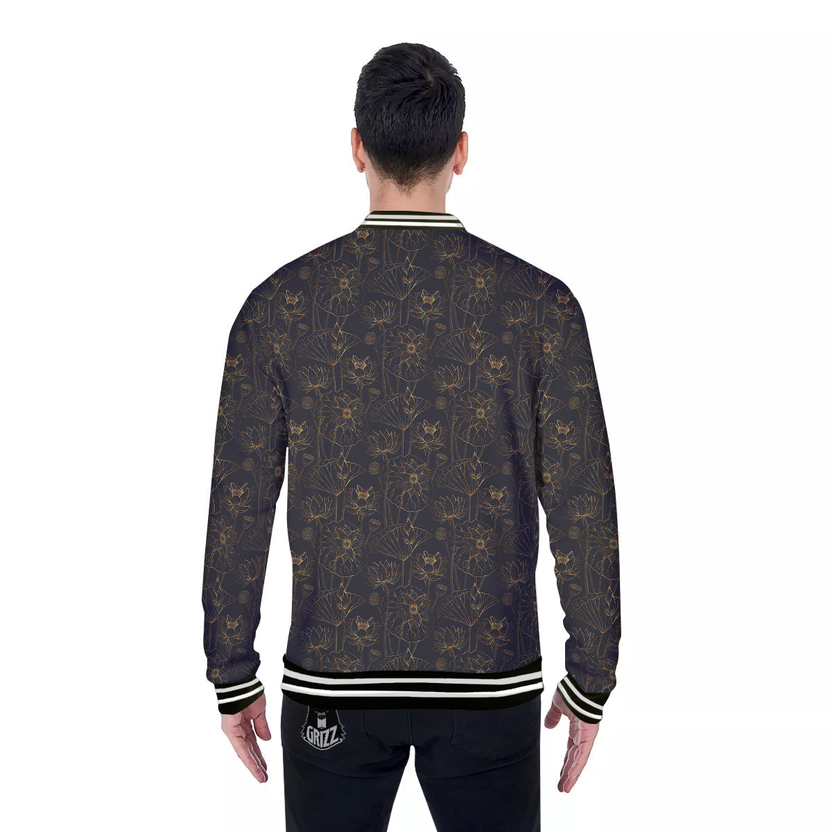 Lotus Gold And Black Print Pattern Baseball Jacket-grizzshop