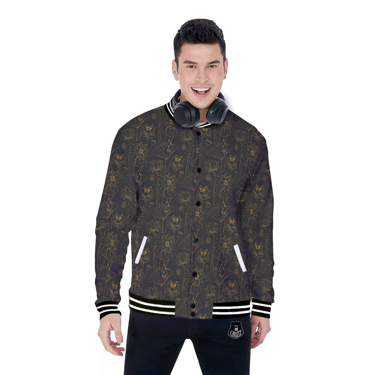 Lotus Gold And Black Print Pattern Baseball Jacket-grizzshop