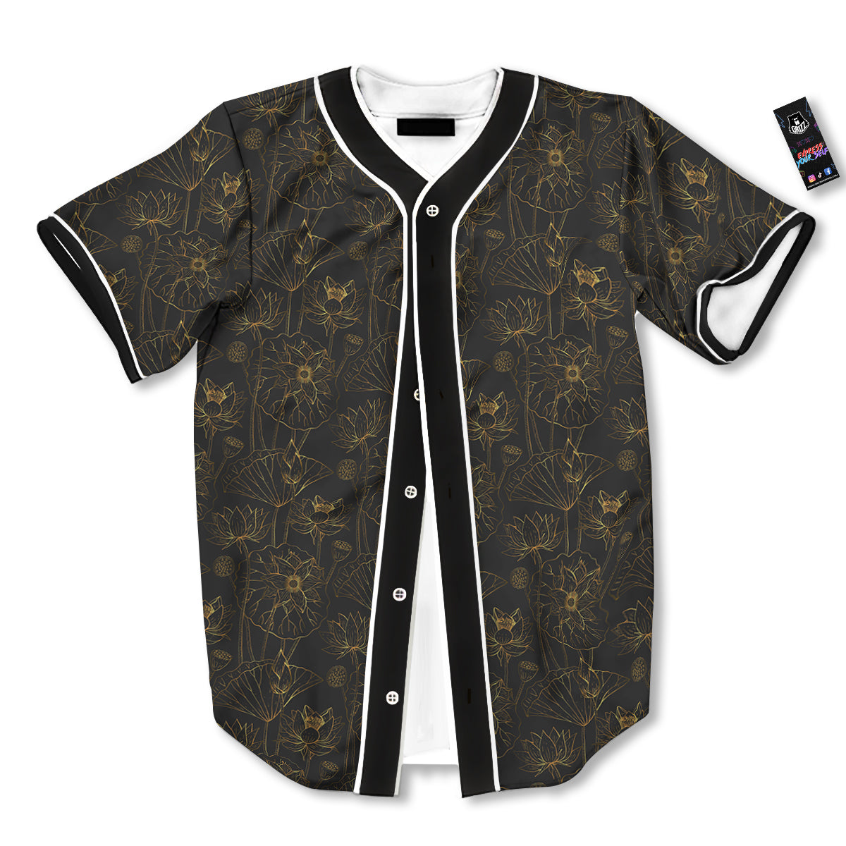 Lotus Gold And Black Print Pattern Baseball Jersey-grizzshop