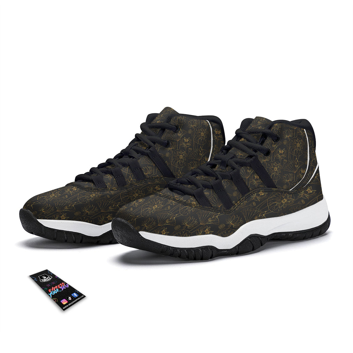Lotus Gold And Black Print Pattern Black Bball Shoes-grizzshop