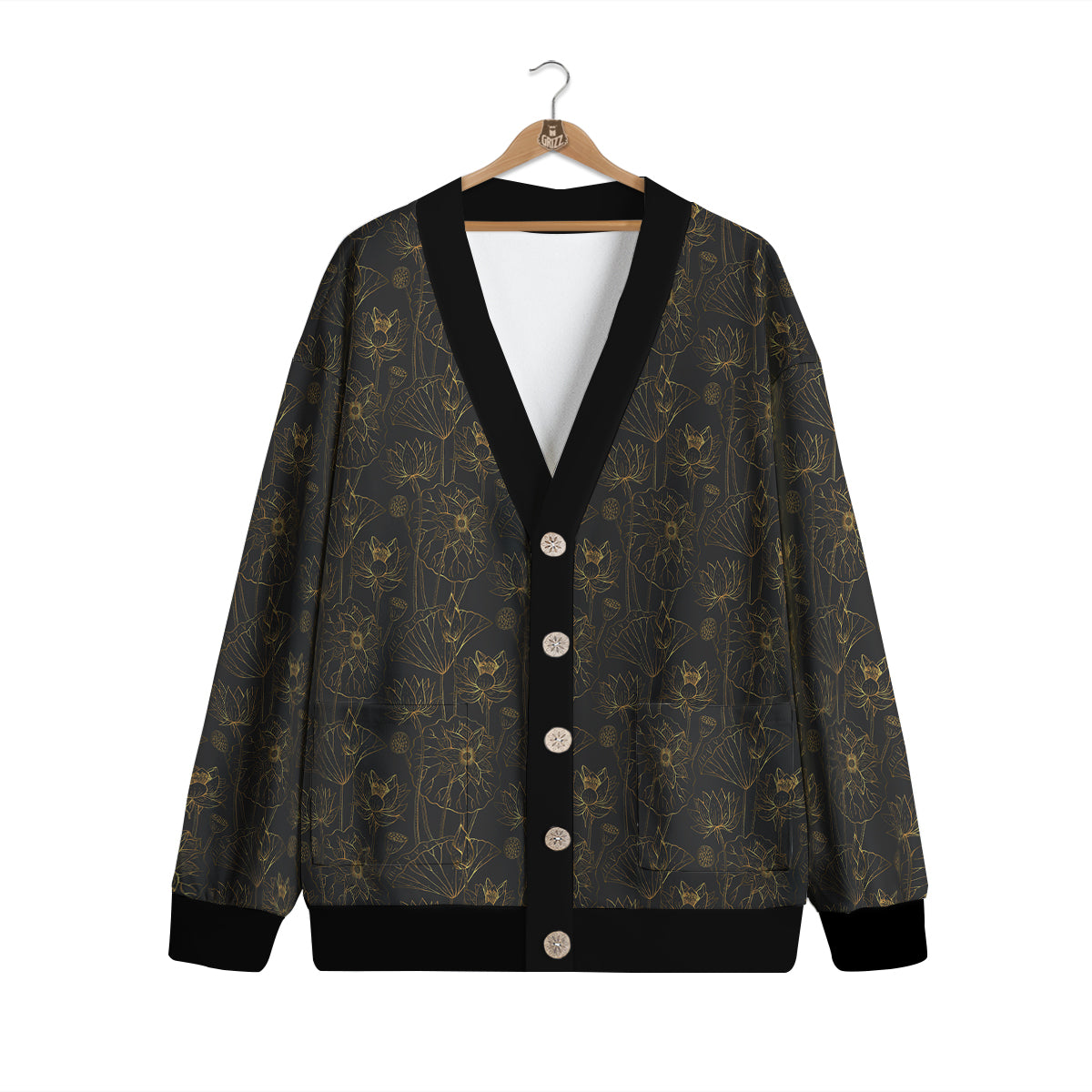 Lotus Gold And Black Print Pattern Cardigan-grizzshop