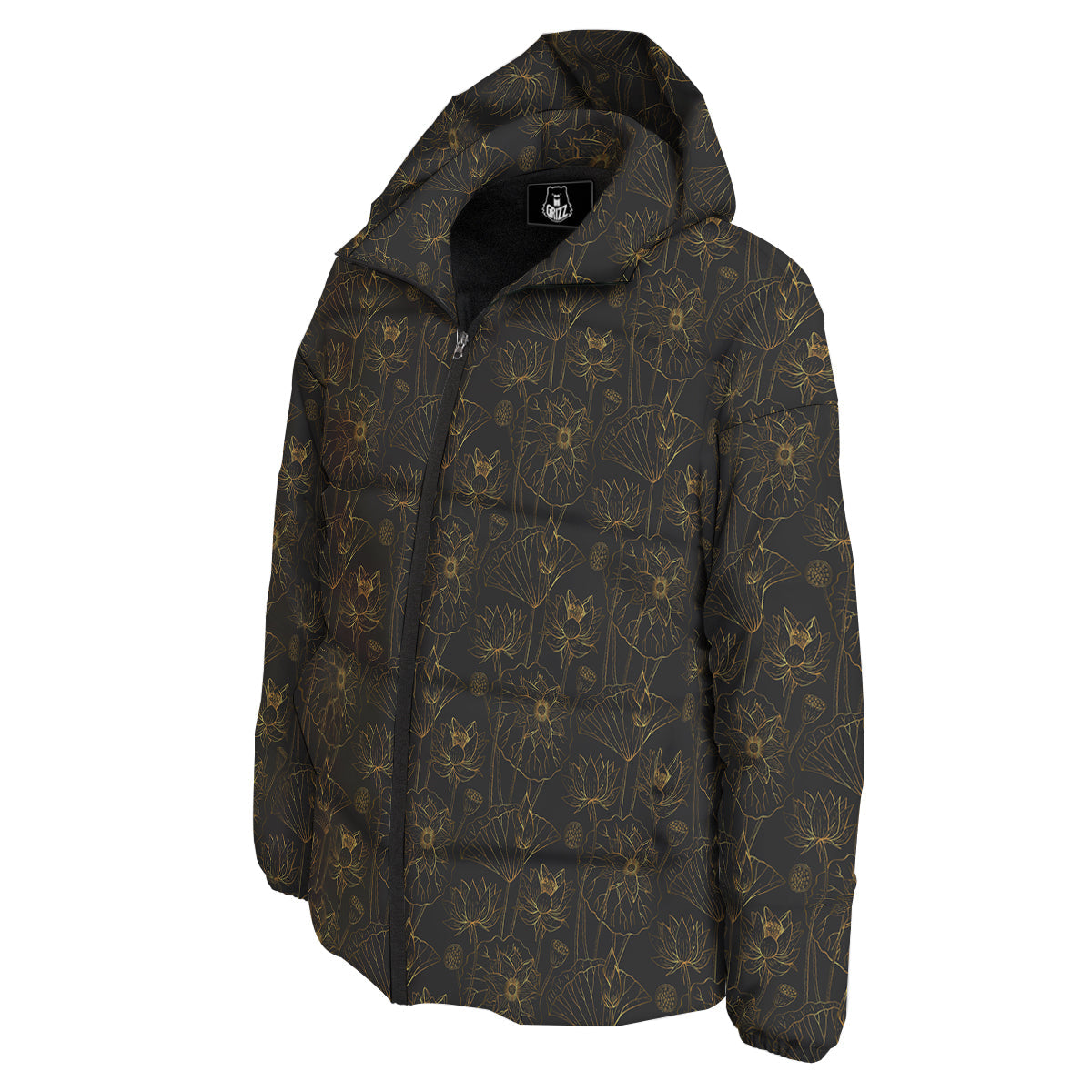 Lotus Gold And Black Print Pattern Down Jacket-grizzshop