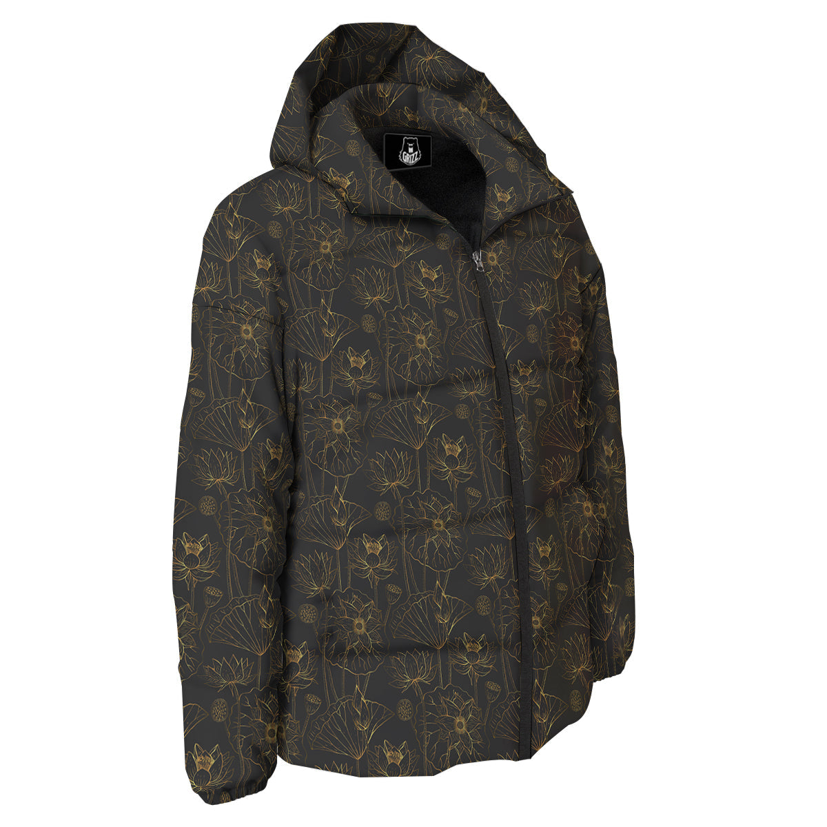 Lotus Gold And Black Print Pattern Down Jacket-grizzshop