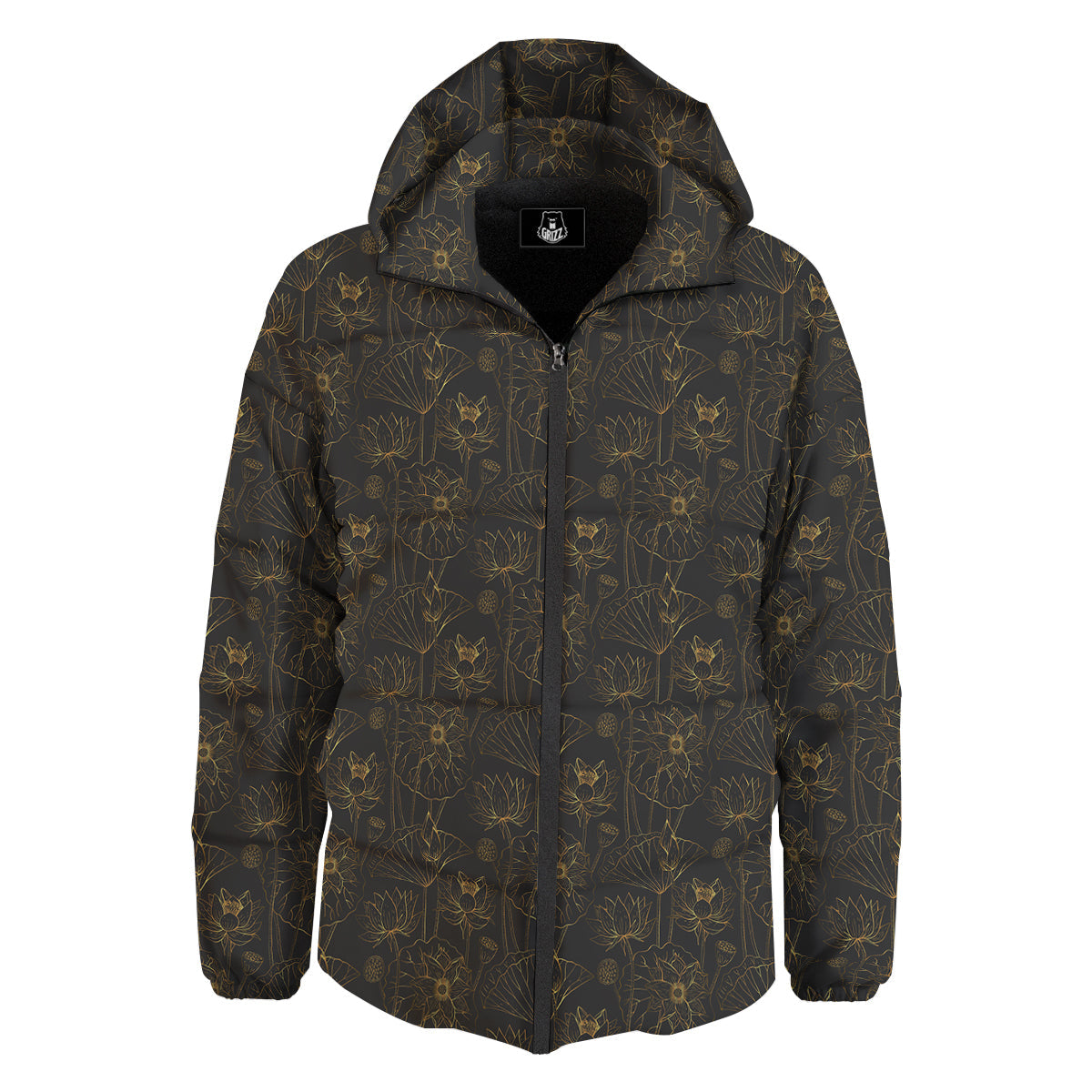 Lotus Gold And Black Print Pattern Down Jacket-grizzshop
