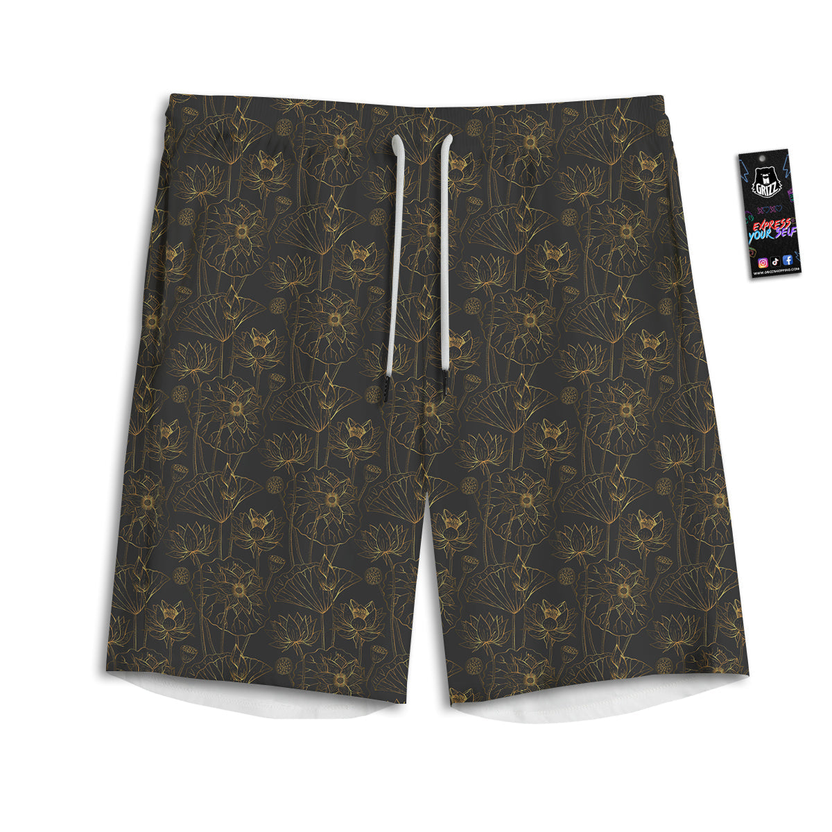 Lotus Gold And Black Print Pattern Men's Athletic Shorts