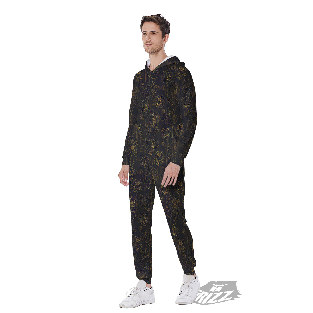 Lotus Gold And Black Print Pattern Men's Jumpsuit-grizzshop