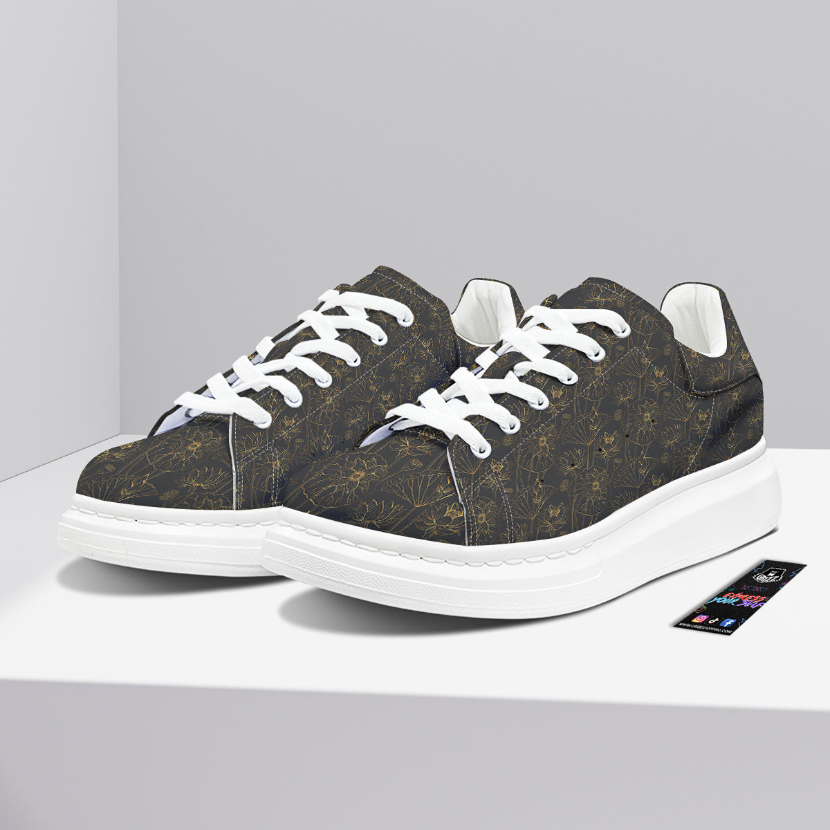 Lotus Gold And Black Print Pattern Platform Shoes-grizzshop