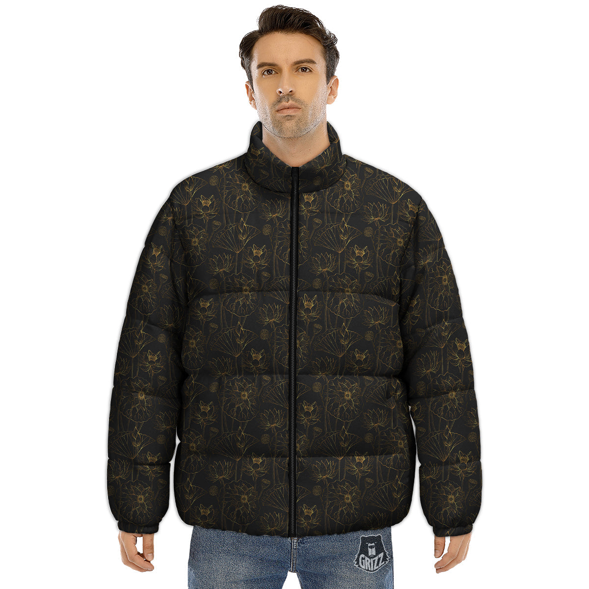 Lotus Gold And Black Print Pattern Puffer Jacket-grizzshop