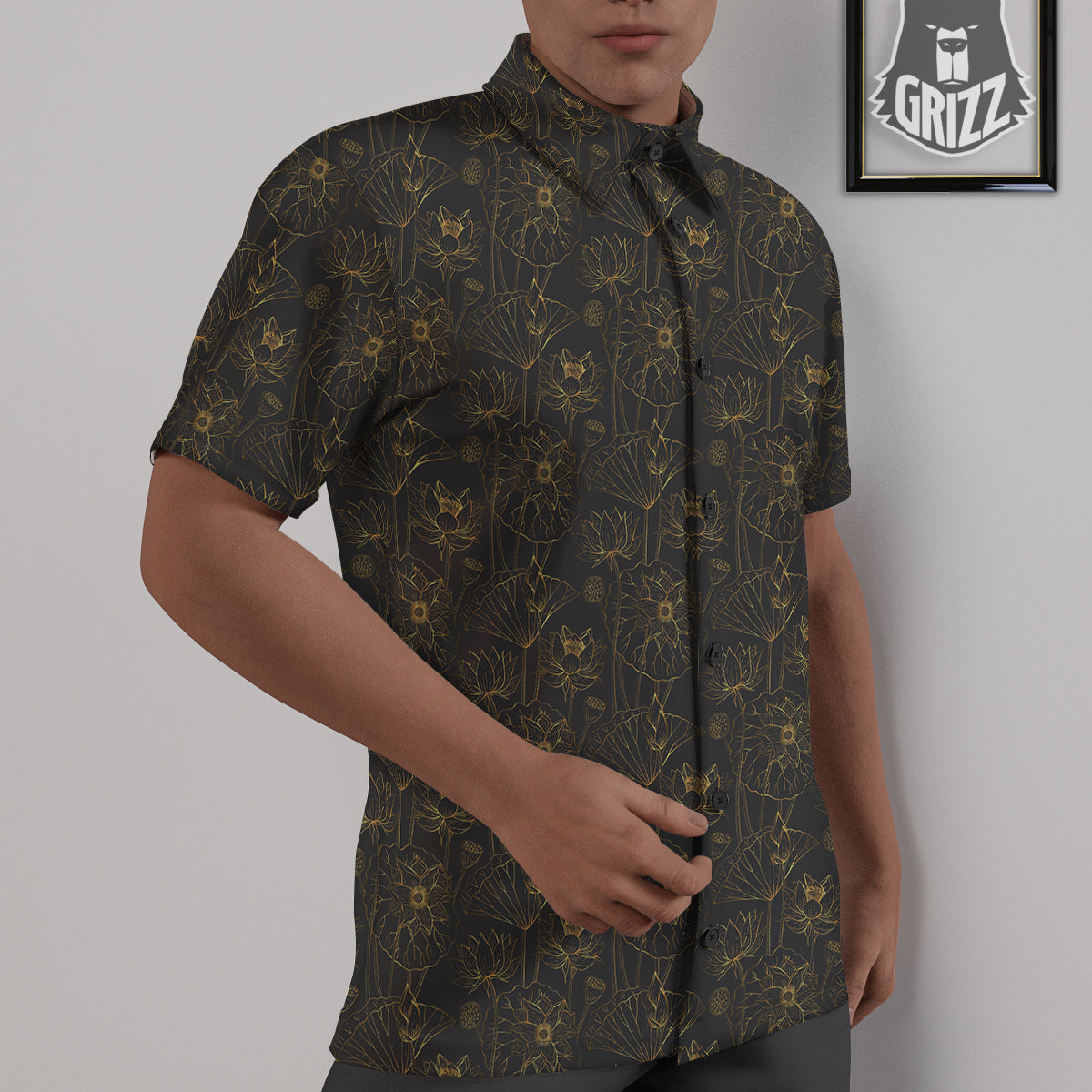 Lotus Gold And Black Print Pattern Untucked Shirts-grizzshop