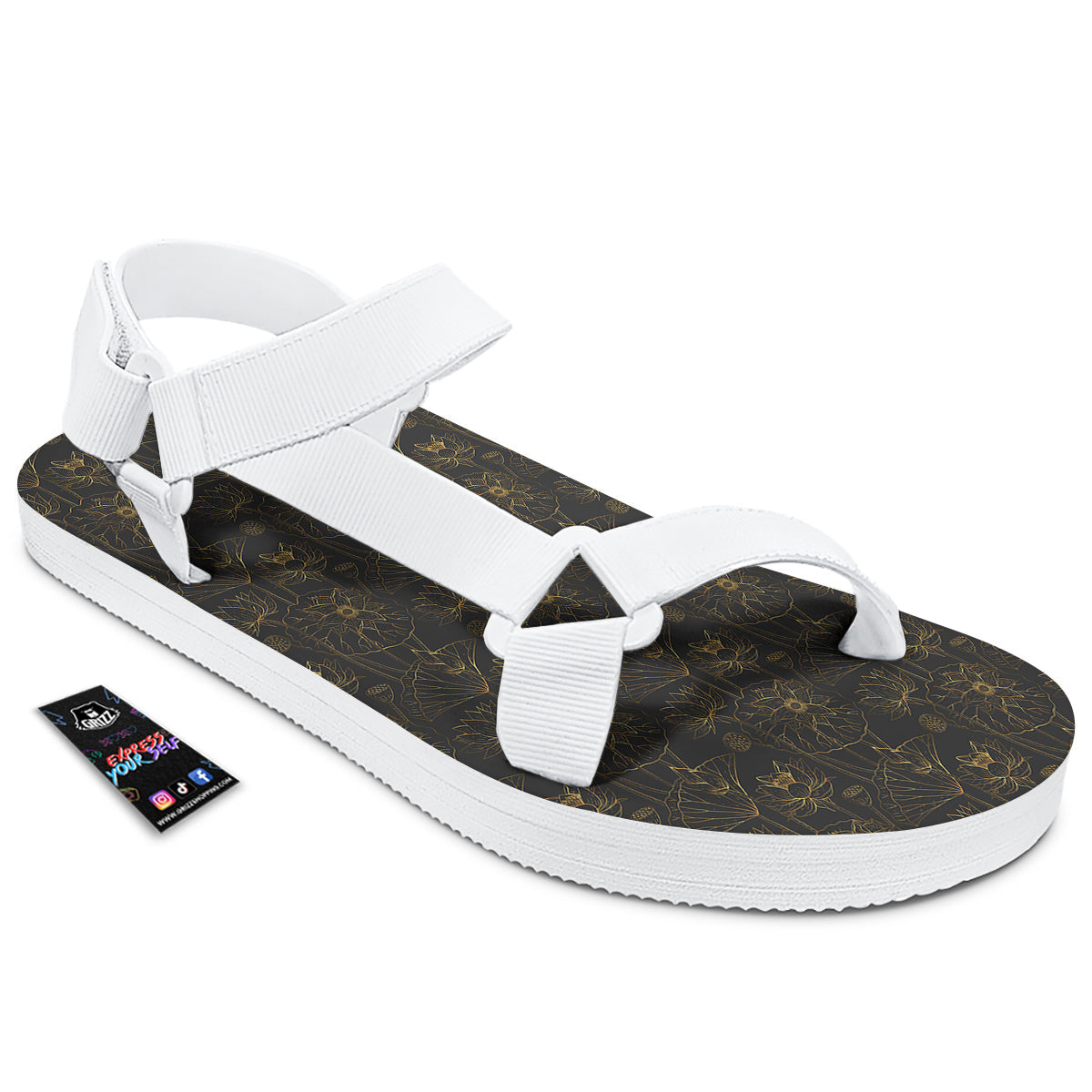 Lotus Gold And Black Print Pattern White Open Toe Sandals-grizzshop