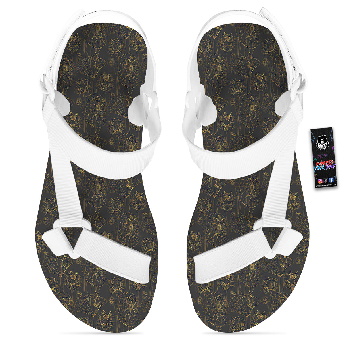 Lotus Gold And Black Print Pattern White Open Toe Sandals-grizzshop