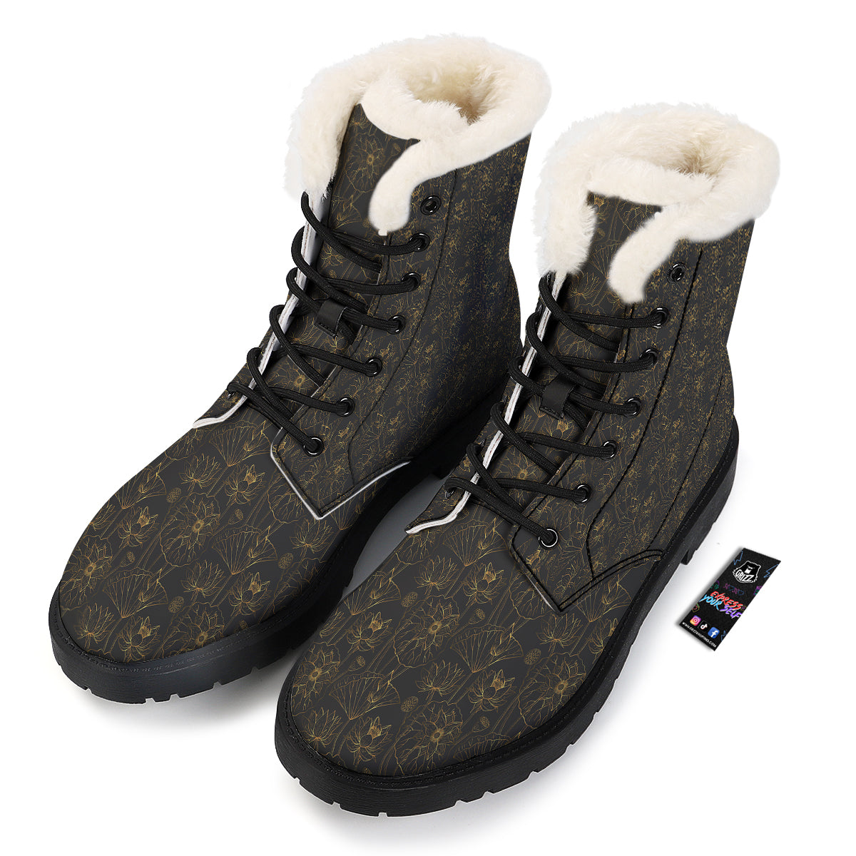 Lotus Gold And Black Print Pattern Winter Boots-grizzshop