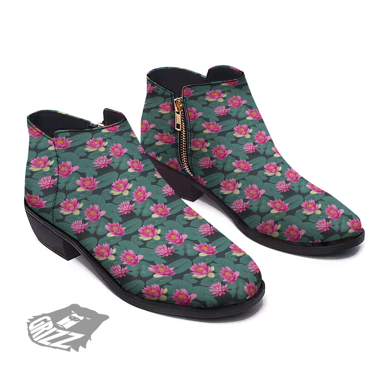 Lotus Hot Pink Print Pattern Ankle Boots-grizzshop