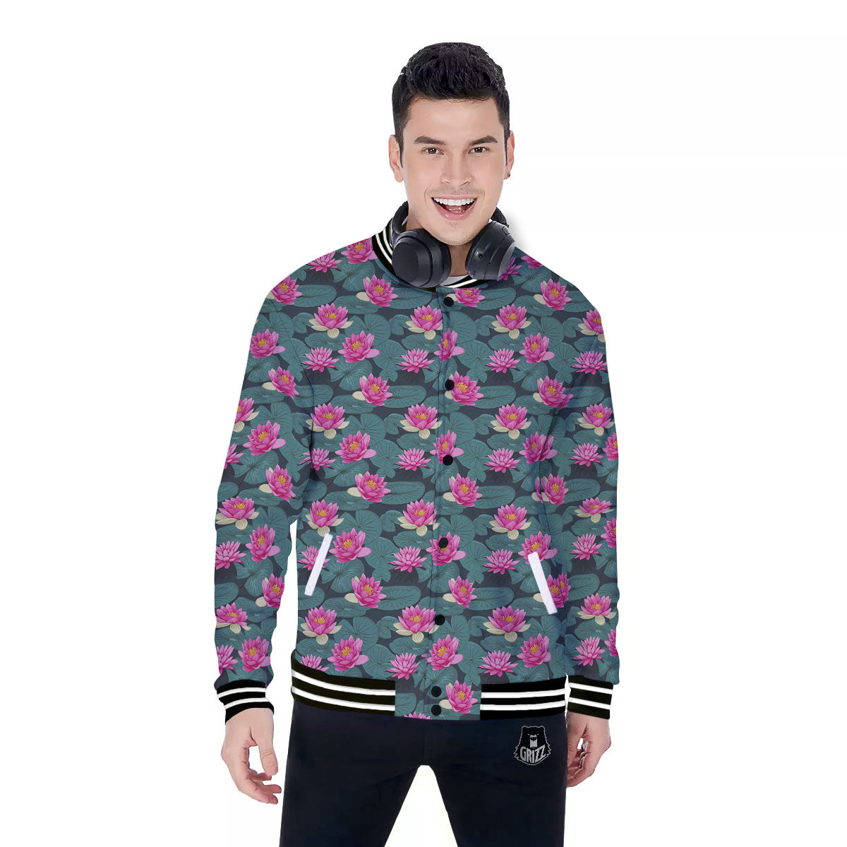 Lotus Hot Pink Print Pattern Baseball Jacket-grizzshop