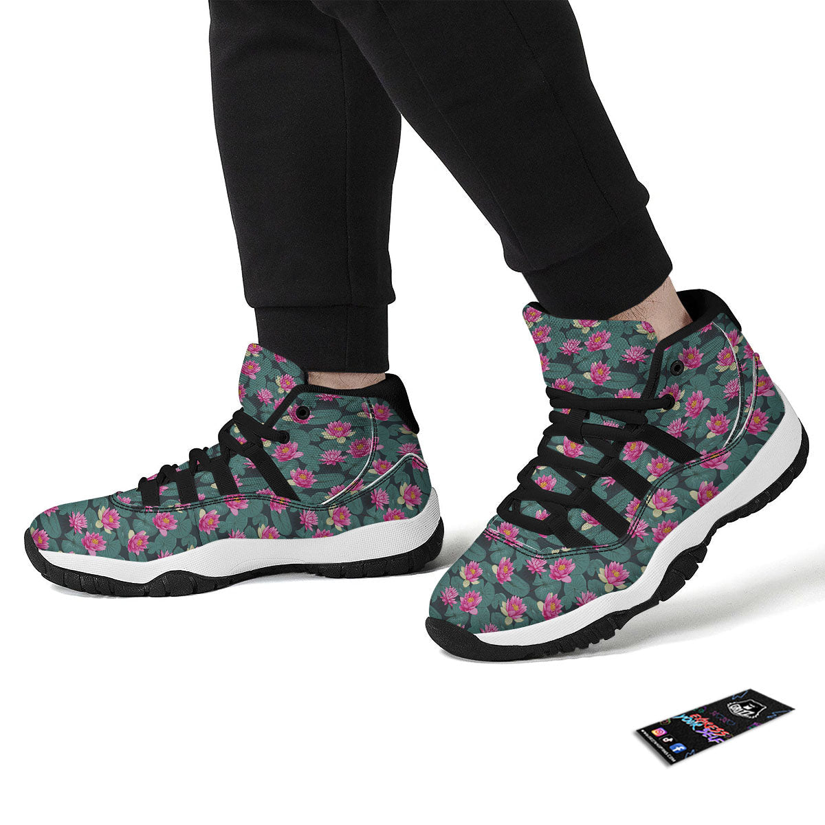 Lotus Hot Pink Print Pattern Black Bball Shoes-grizzshop