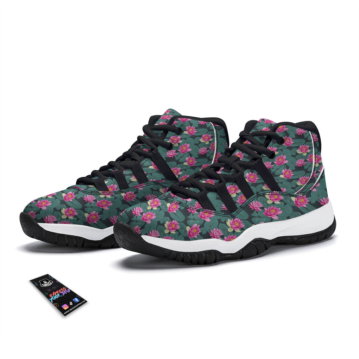 Lotus Hot Pink Print Pattern Black Bball Shoes-grizzshop