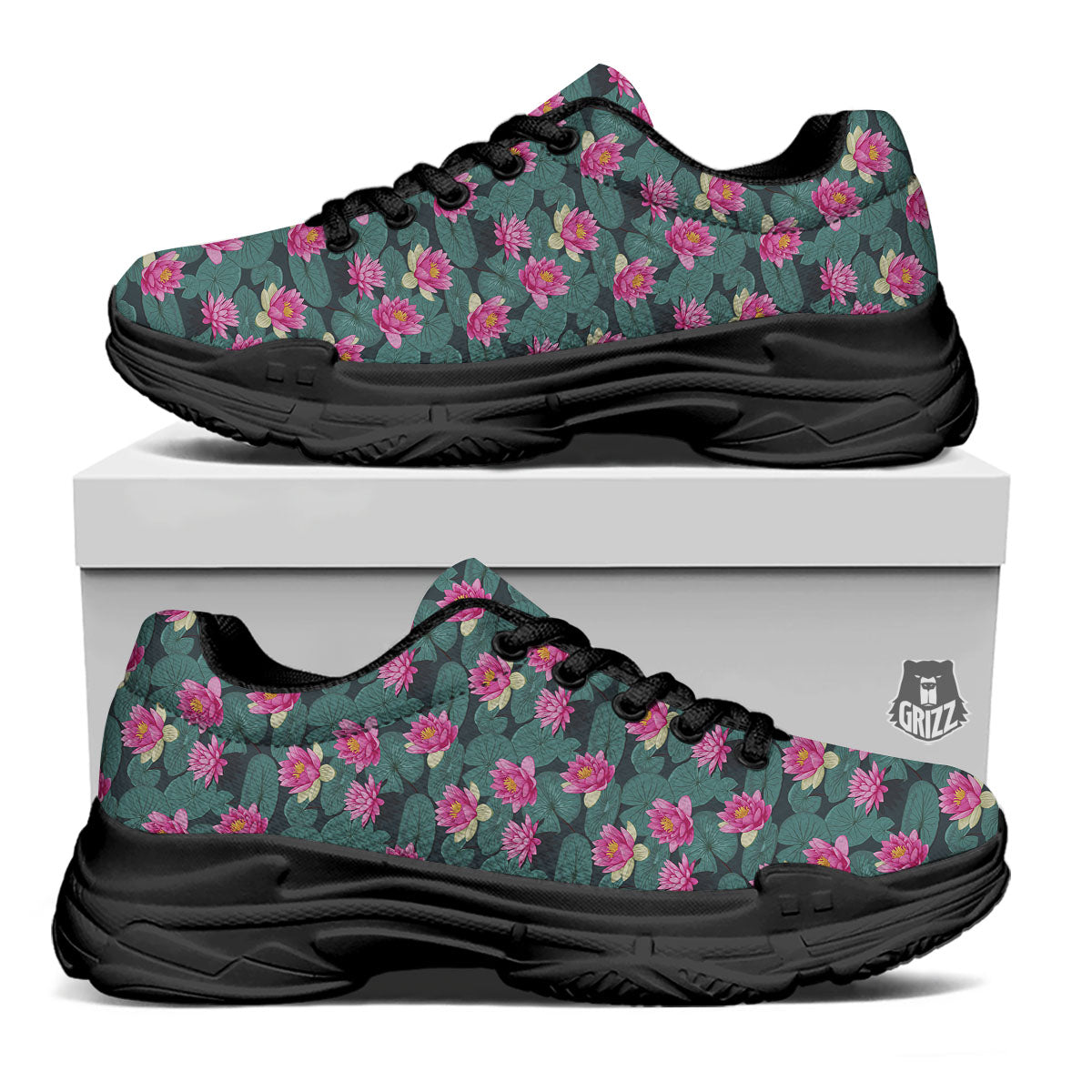 Lotus Hot Pink Print Pattern Black Chunky Shoes-grizzshop