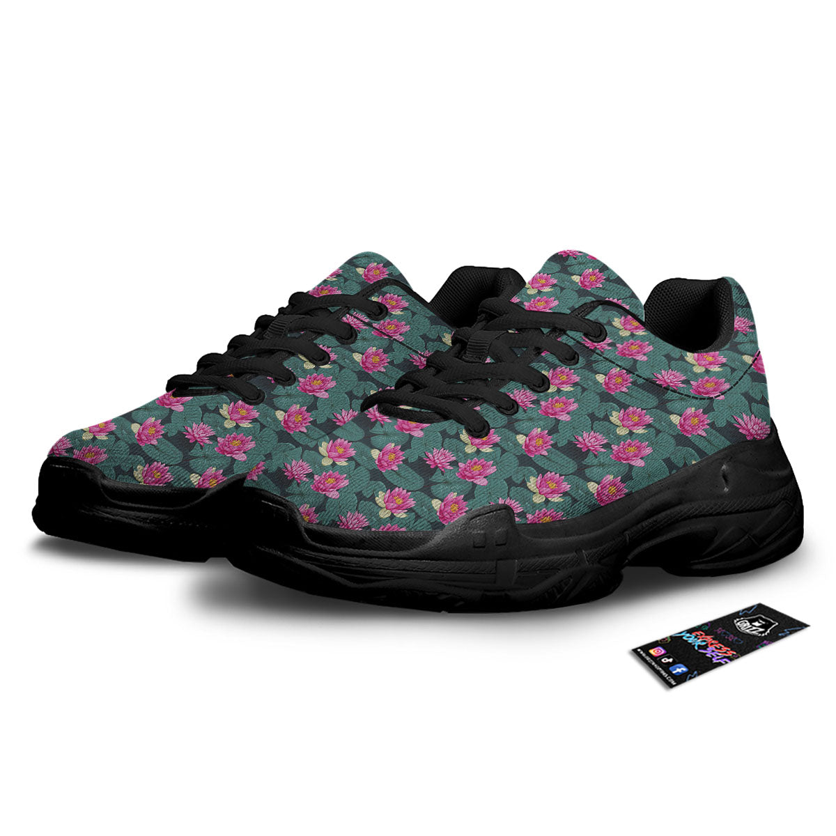 Lotus Hot Pink Print Pattern Black Chunky Shoes-grizzshop
