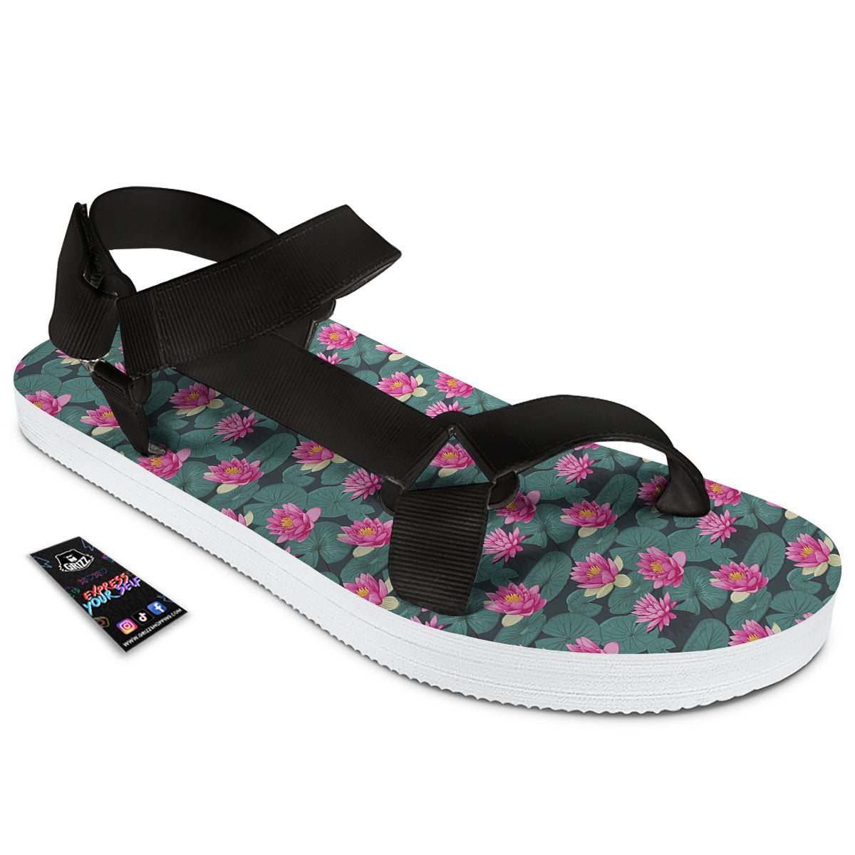 Lotus Hot Pink Print Pattern Black Open Toe Sandals-grizzshop