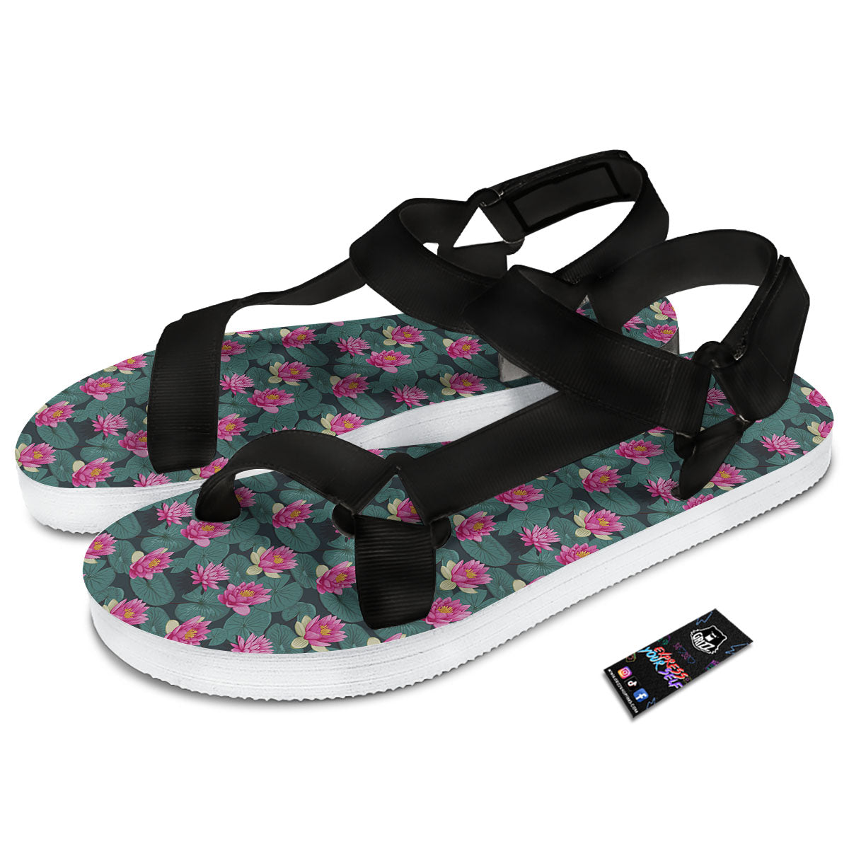 Lotus Hot Pink Print Pattern Black Open Toe Sandals-grizzshop