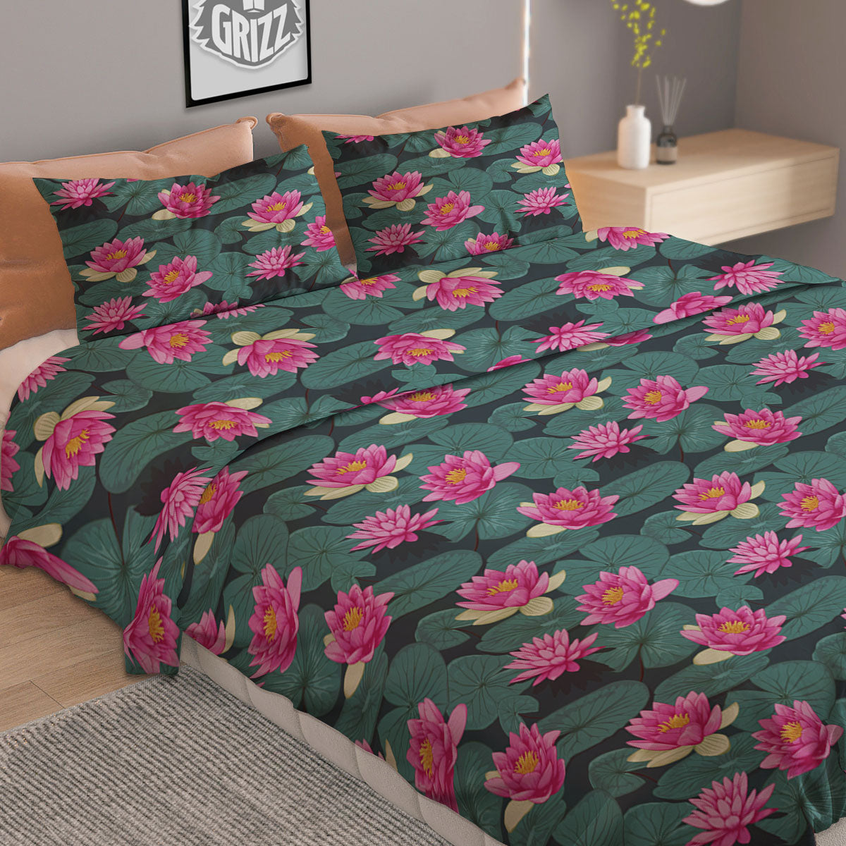 Lotus Hot Pink Print Pattern Duvet Cover Bedding Set