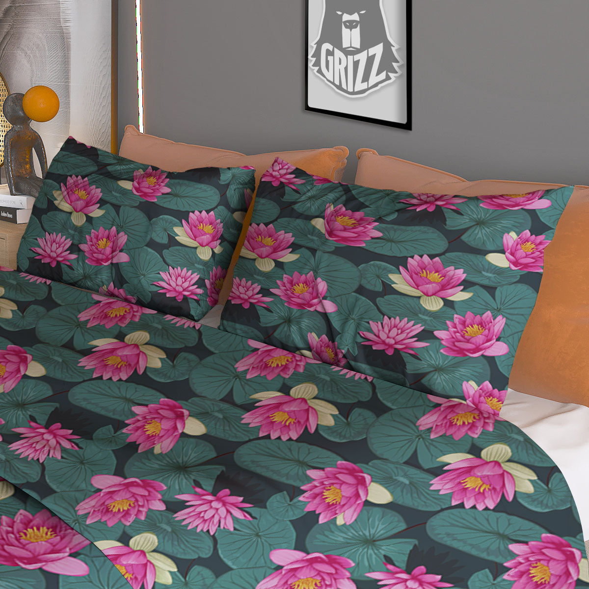 Lotus Hot Pink Print Pattern Duvet Cover Bedding Set