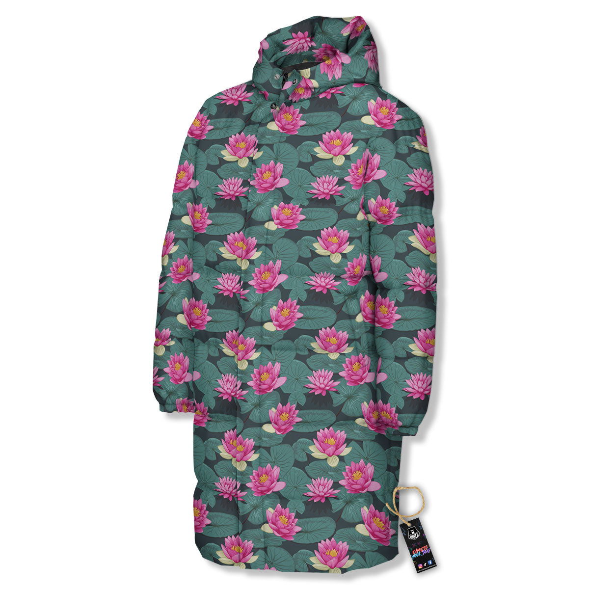 Lotus Hot Pink Print Pattern Long Down Jacket-grizzshop