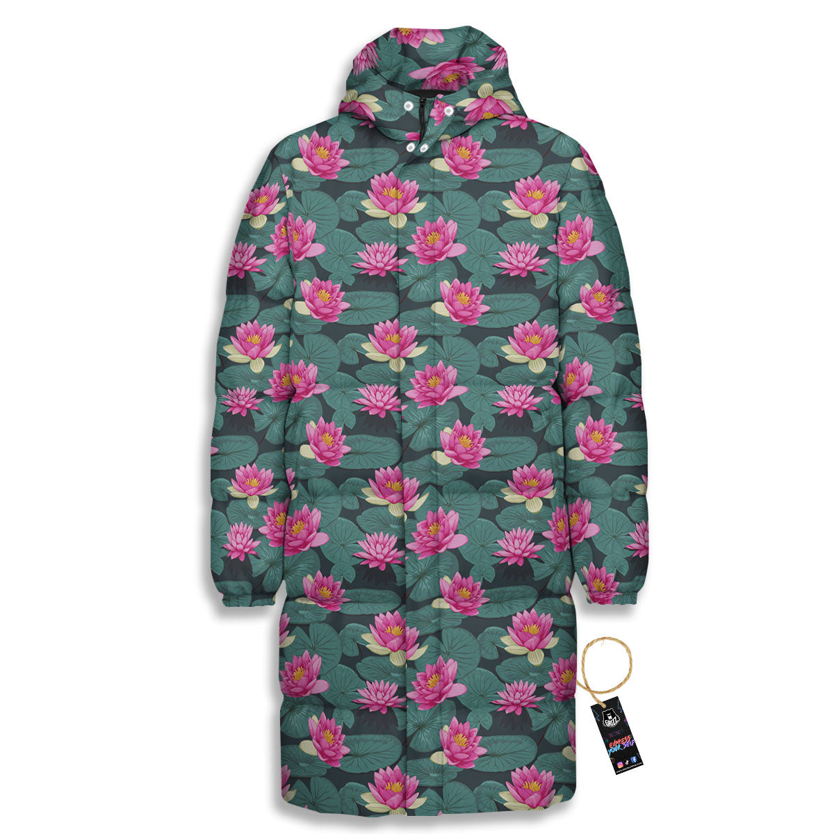 Lotus Hot Pink Print Pattern Long Down Jacket-grizzshop