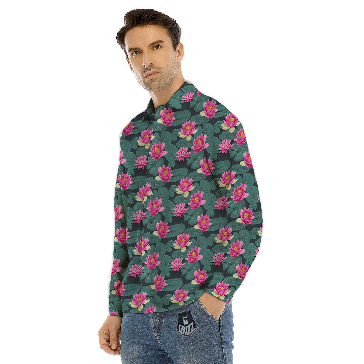Lotus Hot Pink Print Pattern Men's Dress Shirts-grizzshop