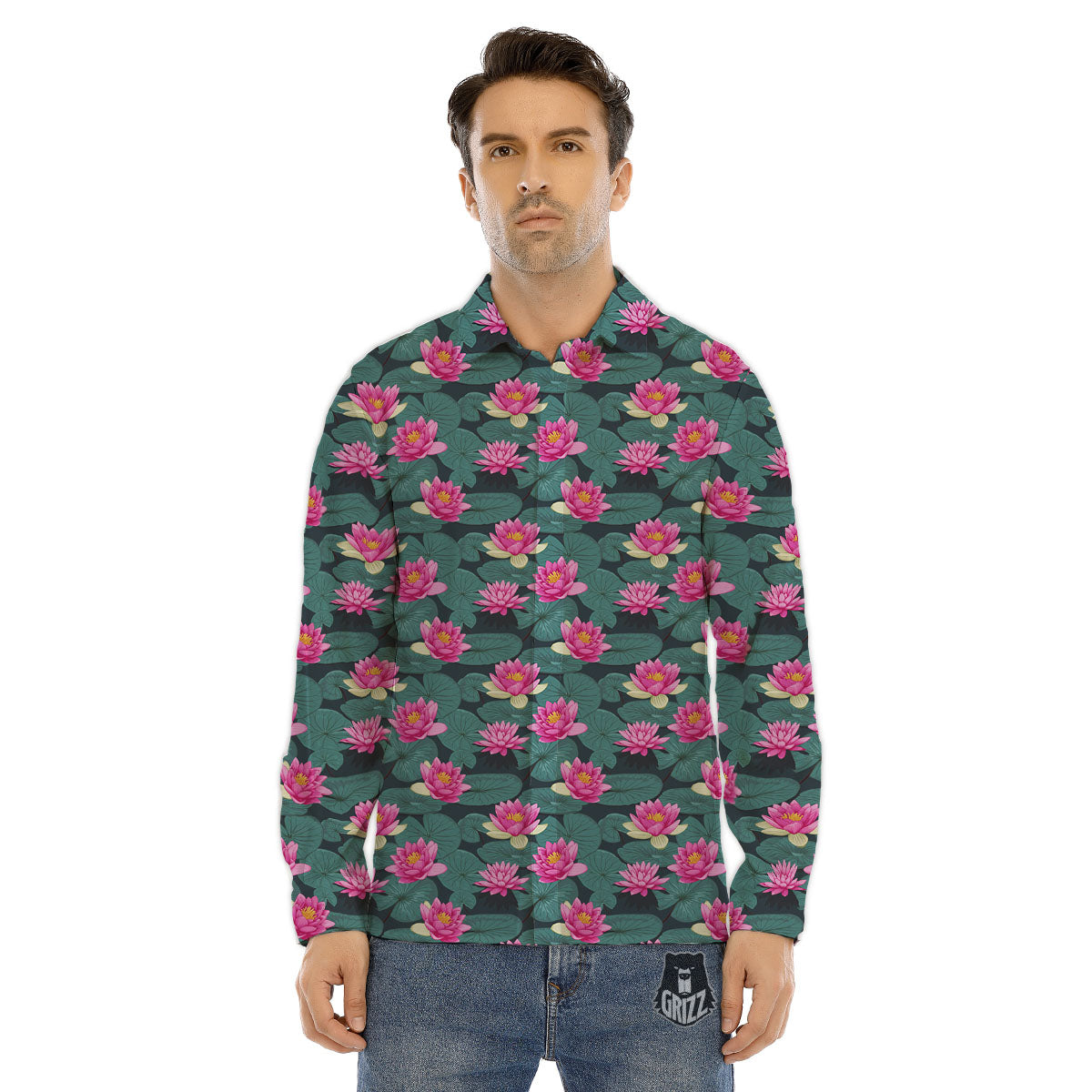 Lotus Hot Pink Print Pattern Men's Dress Shirts-grizzshop