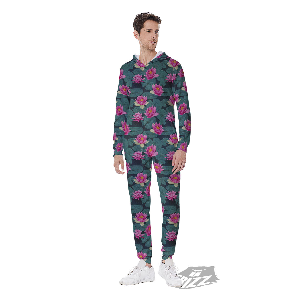 Lotus Hot Pink Print Pattern Men's Jumpsuit-grizzshop